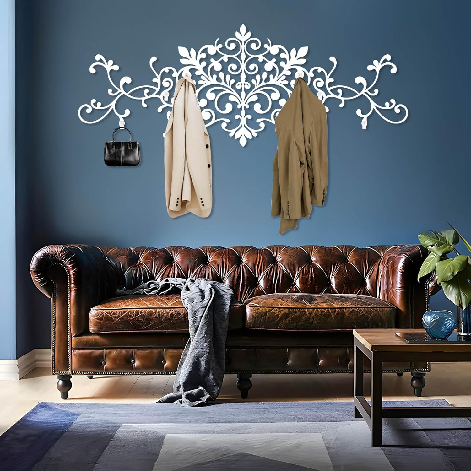 Scroll Metal Coat Rack, Elegant Scrollwork Wall Decor, Scrollwork Wall Mount, Retro Scroll Hooks for Hanging, Modern Hat Rack or Wall, Entryway Living Room Decor (White, 20"x53"|51x135cm)