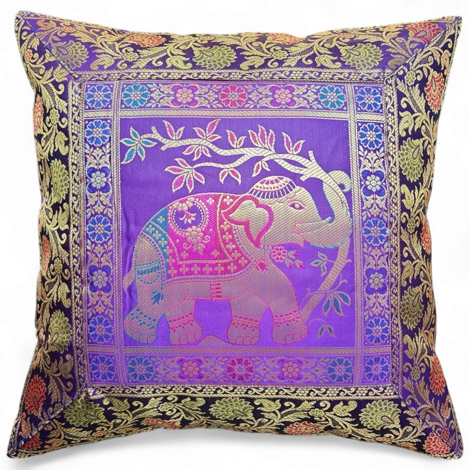 Original Kikan Purple Indian Elephant Mandala Silk Cushion Covers Sari Brocade Boho Home Decor Cushion- Pillow Cases 16”X16” Zip Closure Banarsi | Ethnic - Handmade - Patchwork (Purple)