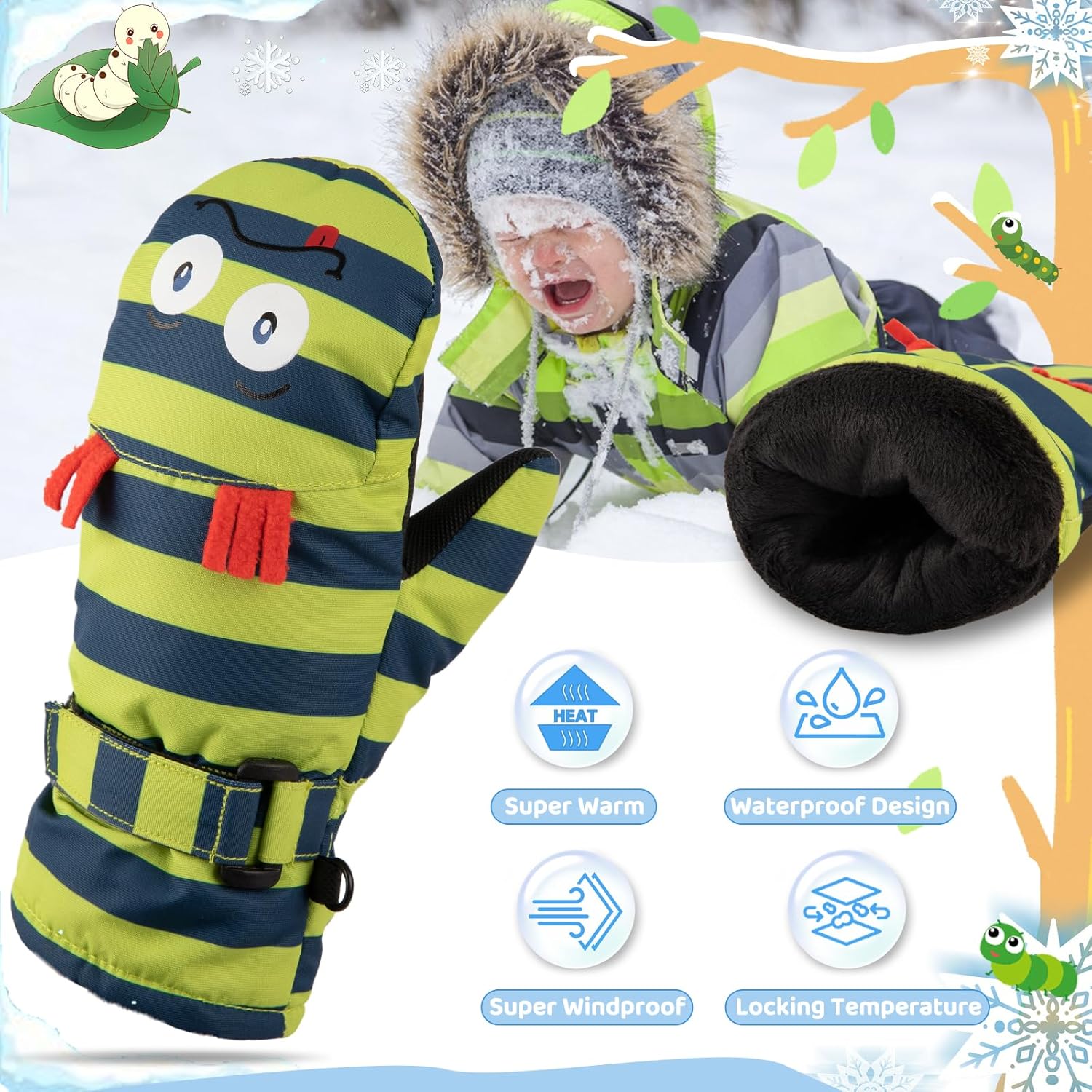 Kids Ski Mittens Waterproof Snow Windproof Thinsulate Warm Winter Cold Weather Gloves with String for Boys Girls - Image 4