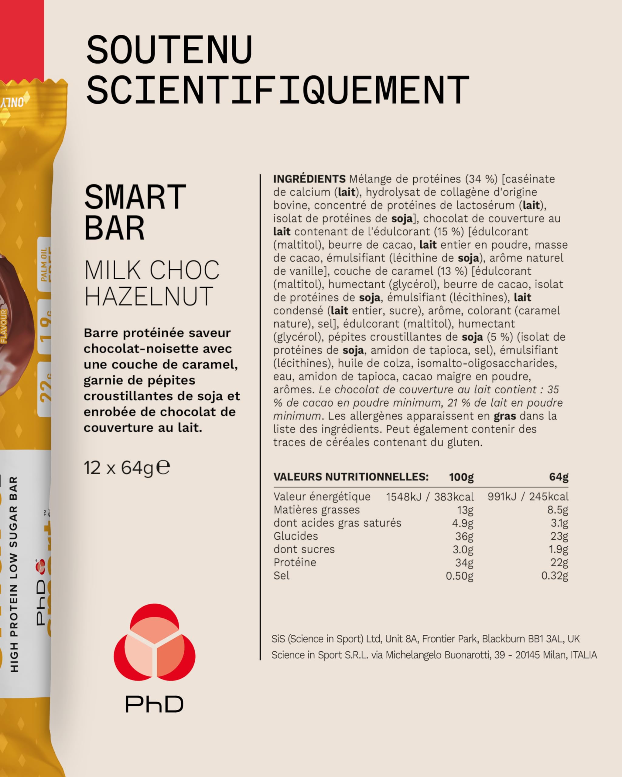 PhD Nutrition Smart Protein Bar niskokaloryczny, odżywcze batony białkowe/przekąski proteinowe, wysokobiałkowy, niskosłodzony, czekoladowy aromat orzechów laskowych, 20 g białka, baton 64 g (12
