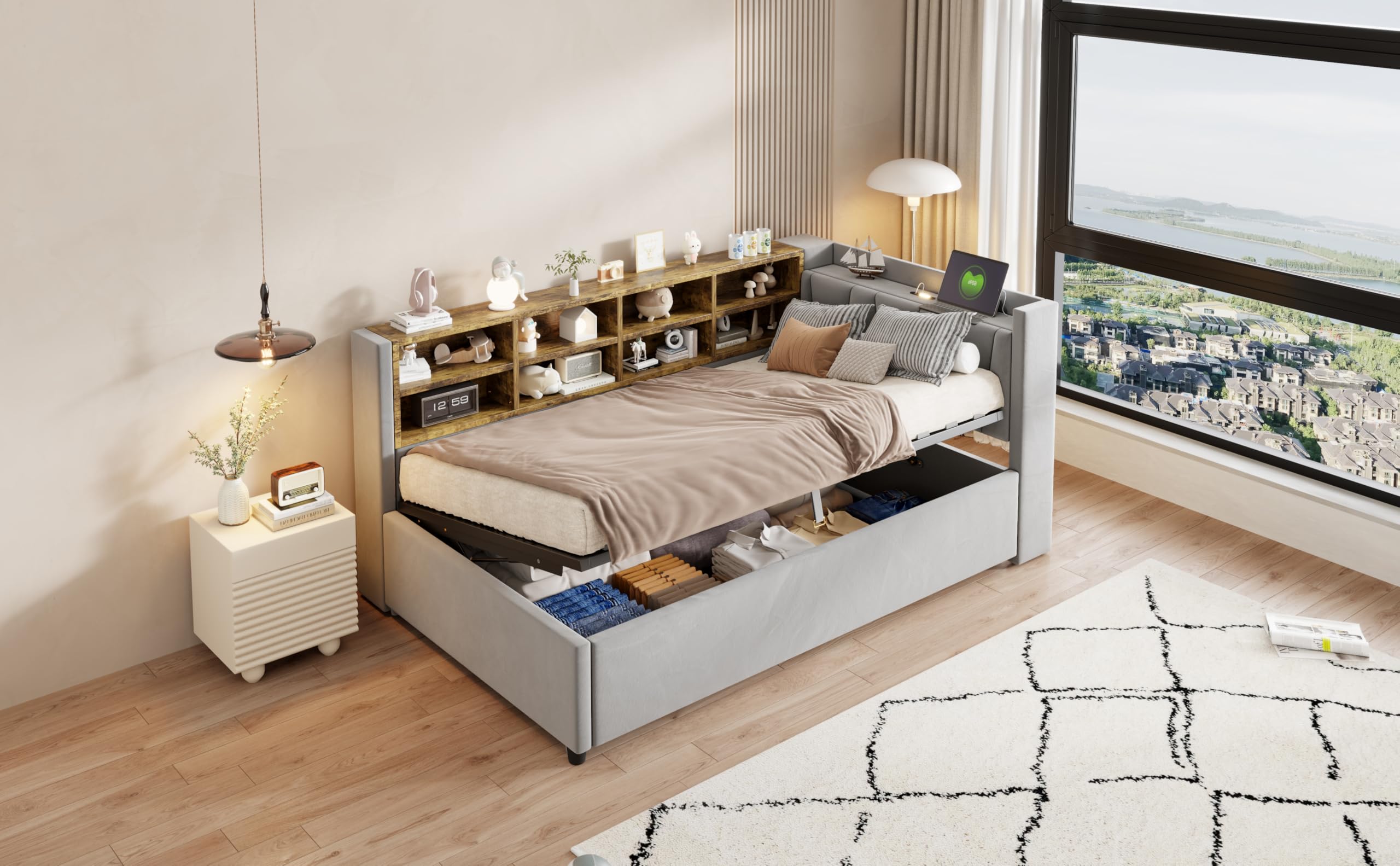 HaoChrymec Łóżko tapicerowane sofa z funkcją spania z aksamitnego materiału, do pokoju gościnnego, jasnoszare, 90 x 200 cm, LDU00397AAG