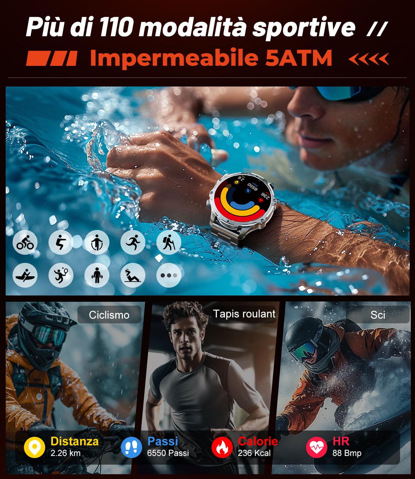 LIGE 1,85" Smartwatch Uomo con Torcia LED/800mAh, Chiamata Bluetooth, Impermeabile 5ATM, 110+ modalità Sportive, Cardiofrequenzimetro SpO2 e Sonno Smart Watch Militare per iOS Android, FV15-E