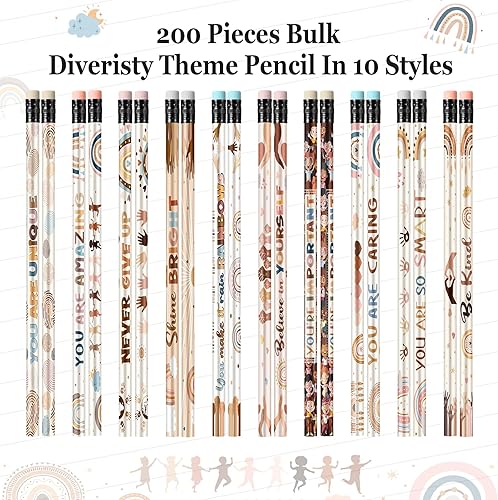 Miniatura 3 de Gerrii 200 lápices inspiradores de diversidad a granel, lápices motivacionales bohemios, arco iris, lápices de regreso a la escuela con borrador