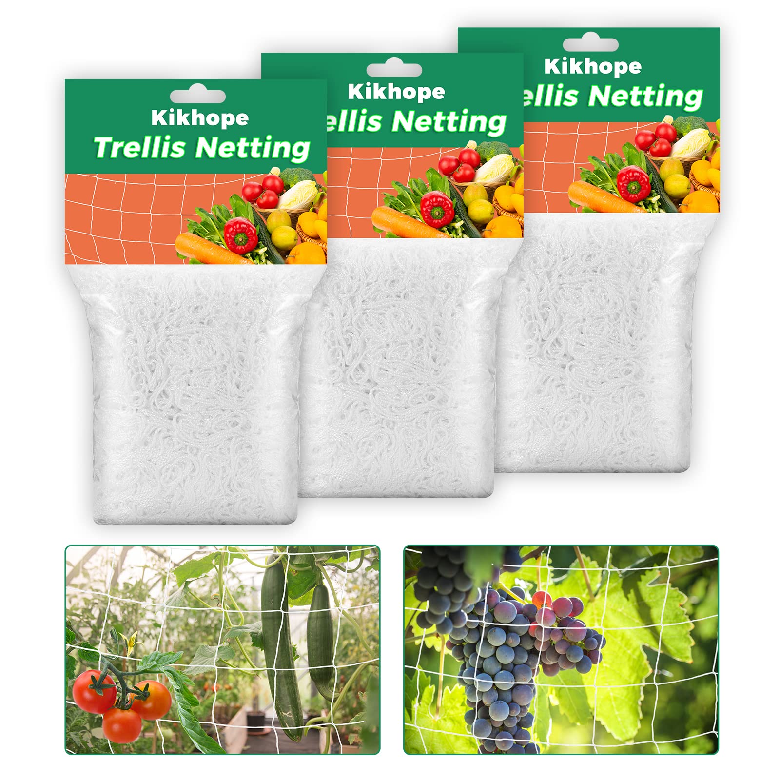 Kikhope Trellis Netting, 3 Packs 5 x 15 ft Heavy-Duty Polyester Plant Trellis Netting Mesh, Square Mesh Net for Climbing Plant, Fruits, Vegetables, Vines, Grow Tents, White