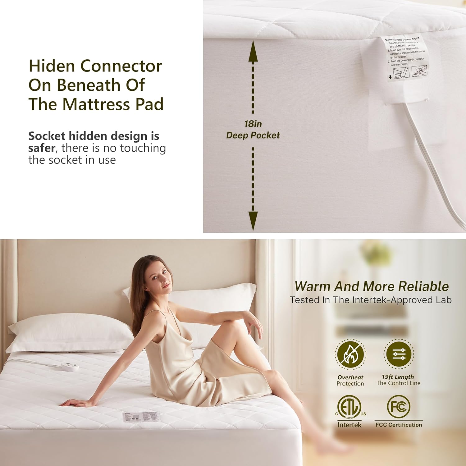 Heated Diamond Quilted Mattress Pad,Queen Size Dual Control,Soft Bed Warmer,10 Heat Settings,1-12 Hours Auto-Off,Fast Heating,ETL Certified,Machine Washable,Fit Up to 18" Deep Pocket,60"x80" - Image 4