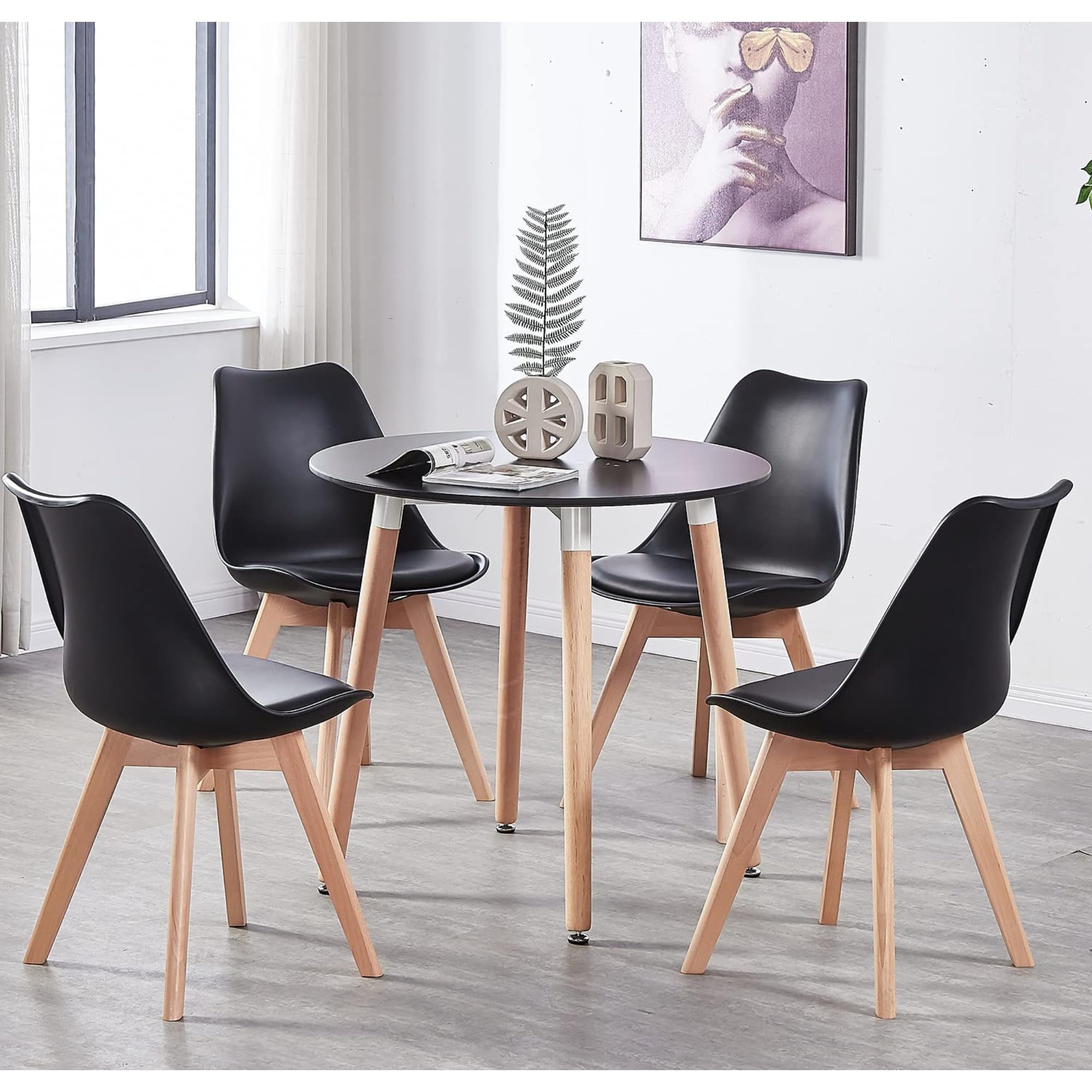 Life Interiors Lorenzo Round Dining Table and Chair 4-Piece Set, Black