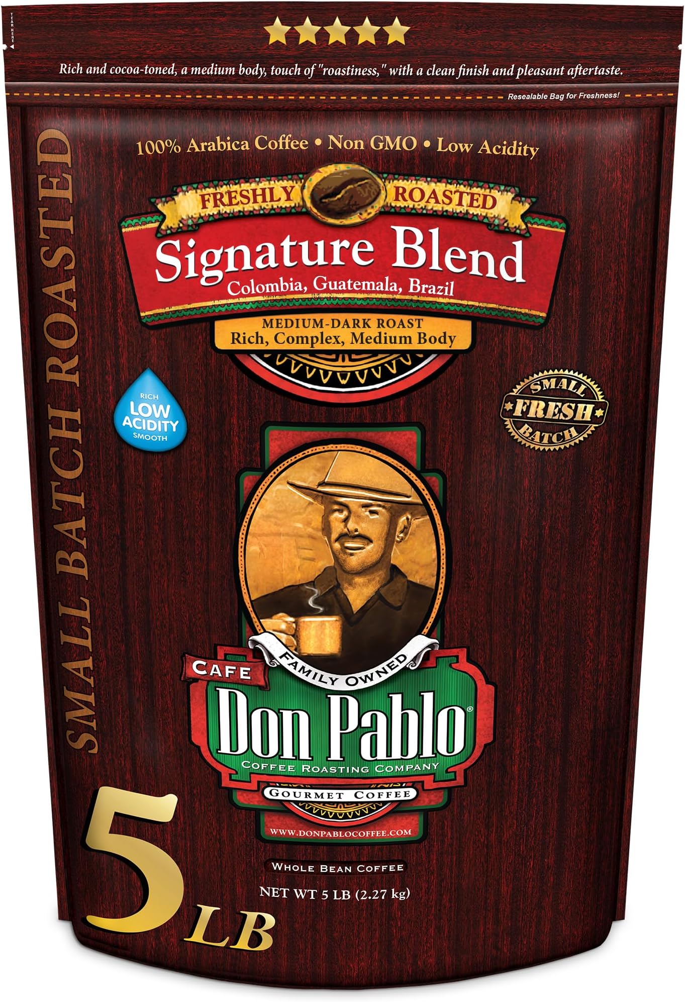 Don Pablo Signature Blend - Medium-Dark Roast Gourmet Coffee, 100% Arabica Whole Bean, Low Acidity, Non-GMO, 2,27 kg (5LB)