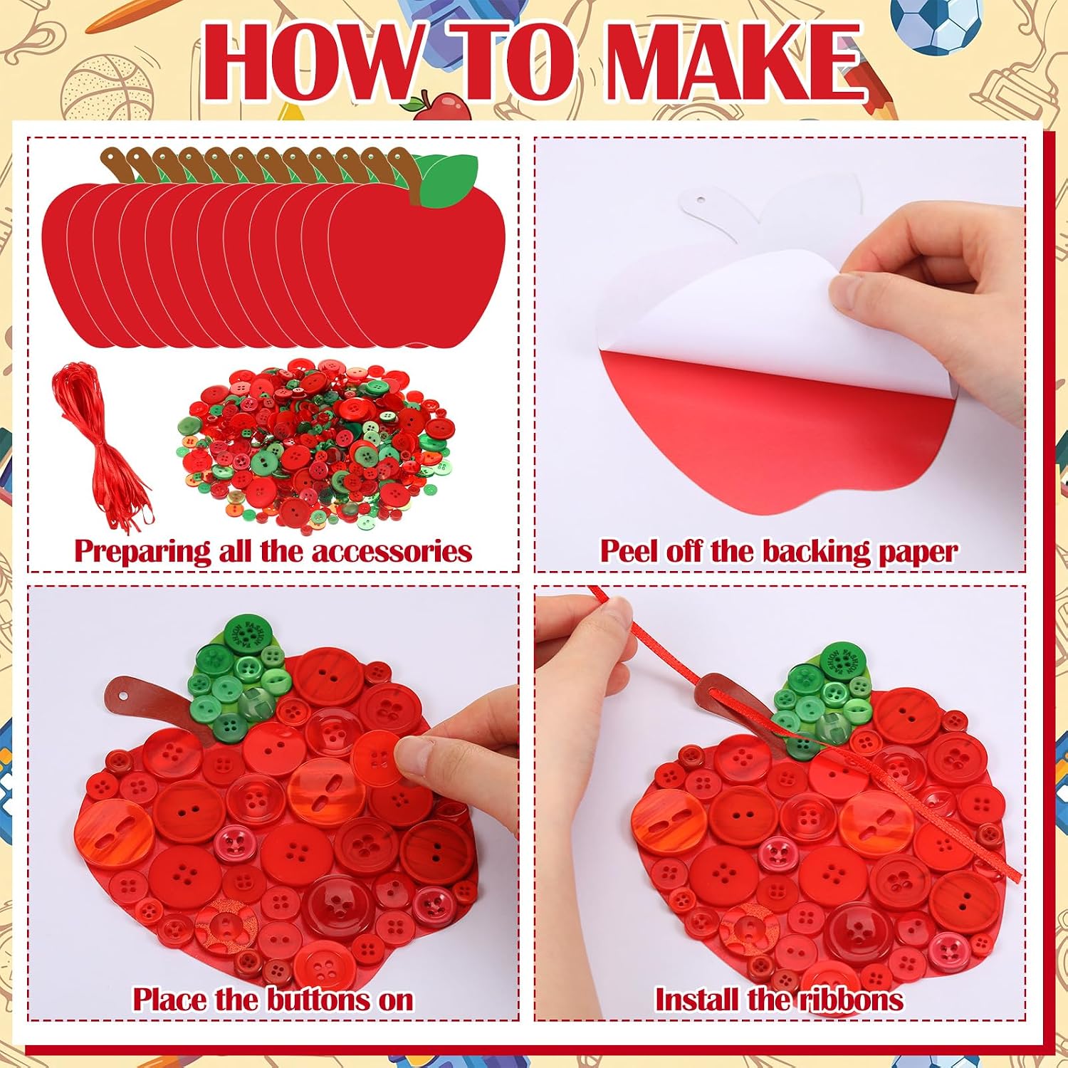 PullCrease 24 Apple Craft Kit with Buttons, Red and Green | 1500 Buttons, Apple Laminated Cardstock, Back to School DIY Hanging Ornaments, First Day of School Classroom Craft Activity
