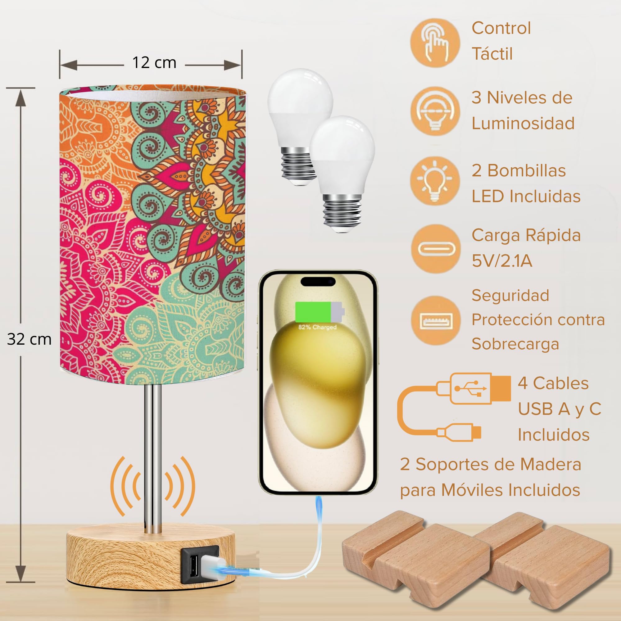 Set de 2 Lámparas de Mesita de Noche Táctiles con Cargador USB Luz Mesita de Noche Regulable 3 Niveles Lámpara Mesilla de Noche LED Dormitorio Bombillas Incluidas Pack Regalo Premium Candeeiro de Mesa