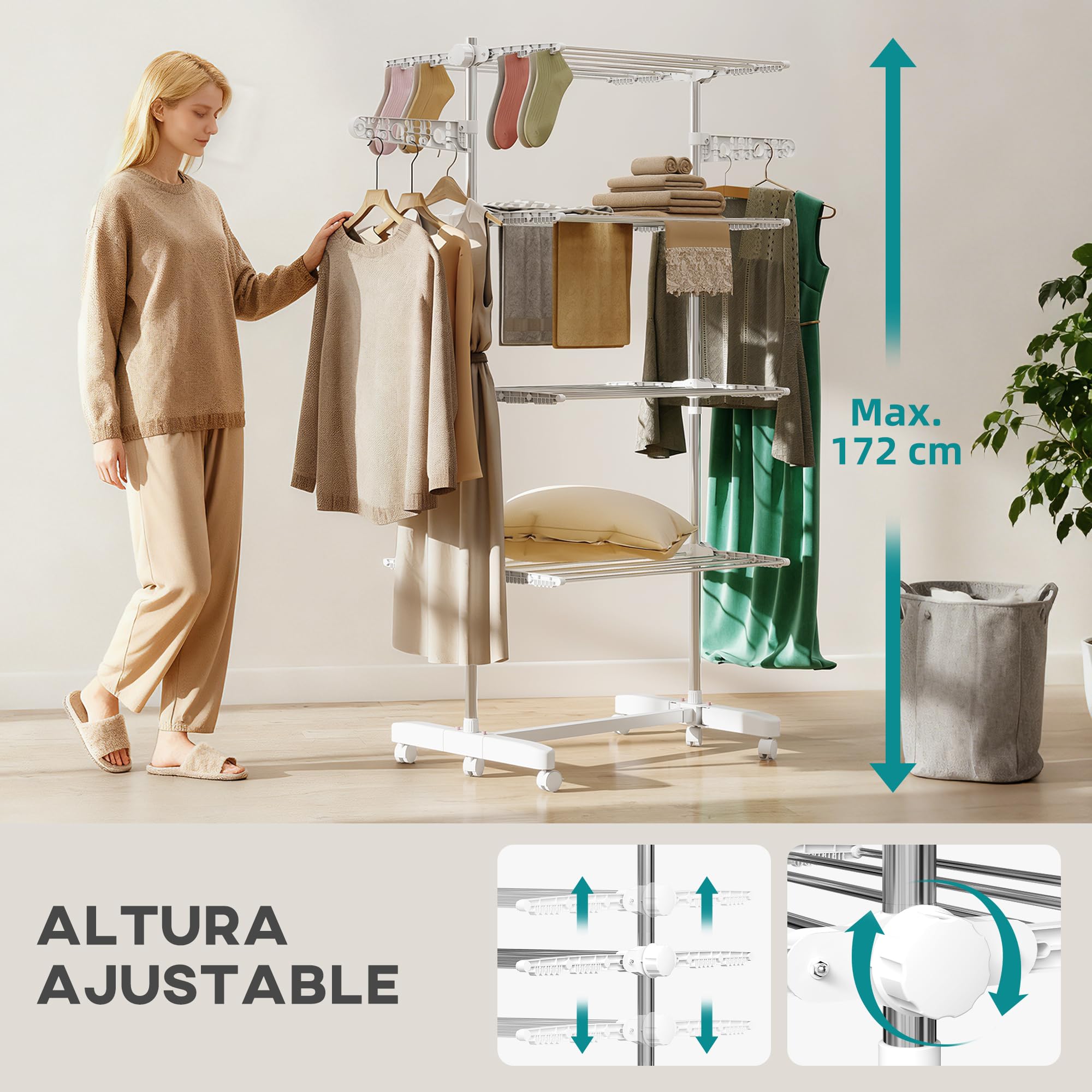 HOMCOM Tendedero Vertical Plegable Tendedero de Ropa con 6 Ruedas 2 Laterales Abatibles Estantes Ajustables y Marco de Acero Inoxidable para Interior y Exterior Blanco