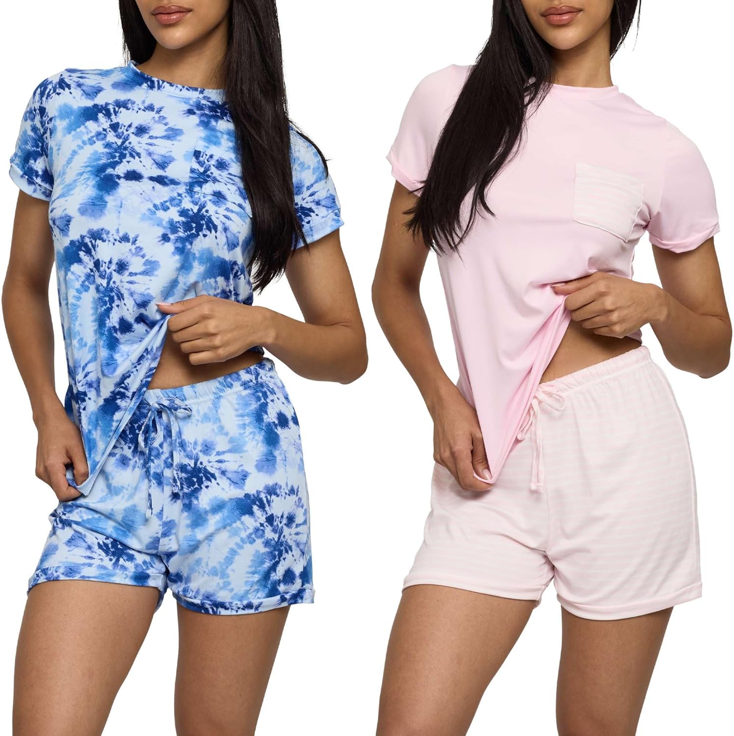 Real Essentials 2 Pack: Womens Short Sleeve Pajama Short Set - Comfy Lightweight Soft Lounge Sleepwear (Plus
