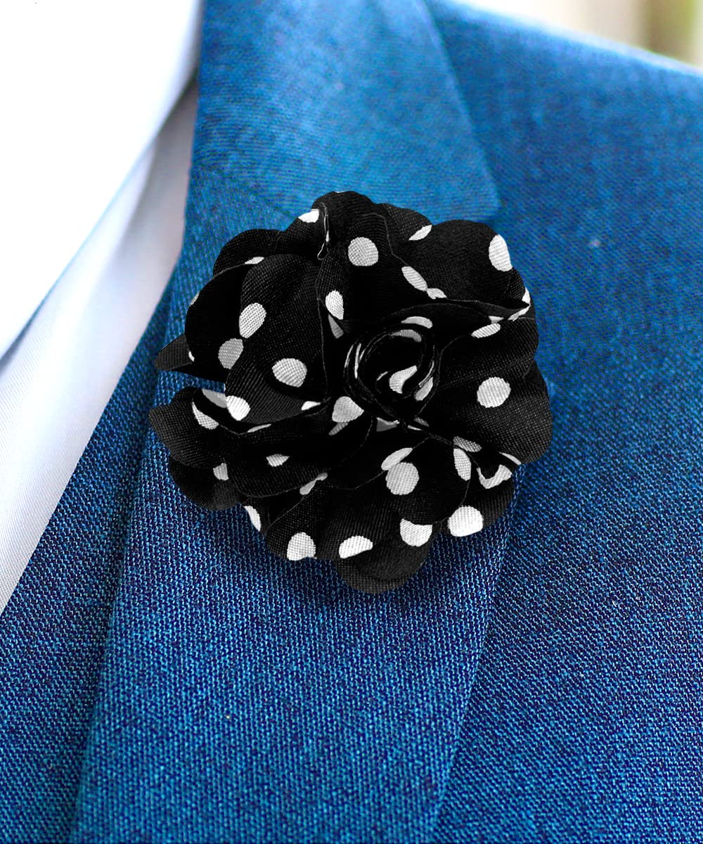 Vittorio Vico Men's Formal Polka Dot Flower Lapel Pin, Boutonniere for Men (Black/White)