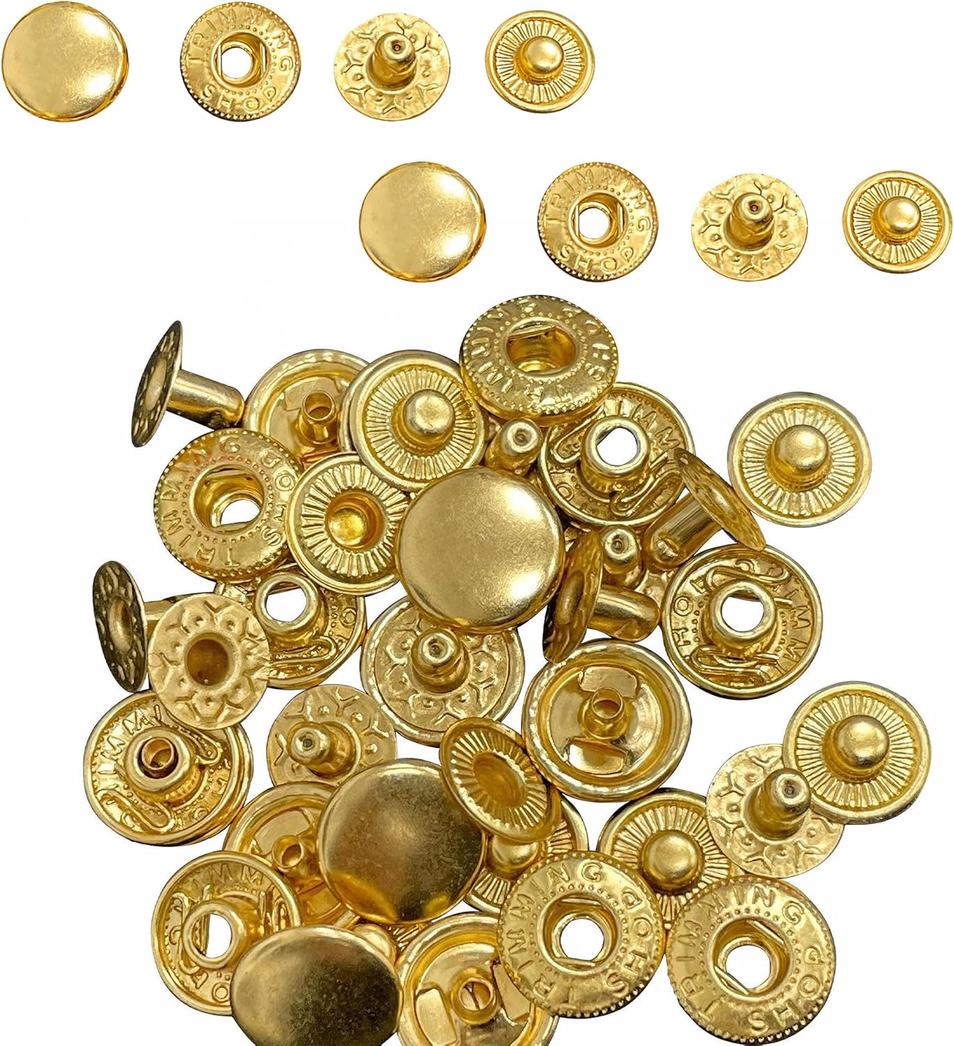 WedDecor 20mm S-Spring Press Studs 4 Part Snap Fasteners Sew Buttons for Leathercraft, Sewing, Jackets, Shirts, Fabric, Repair, DIY Projects, Gold, 100pcs