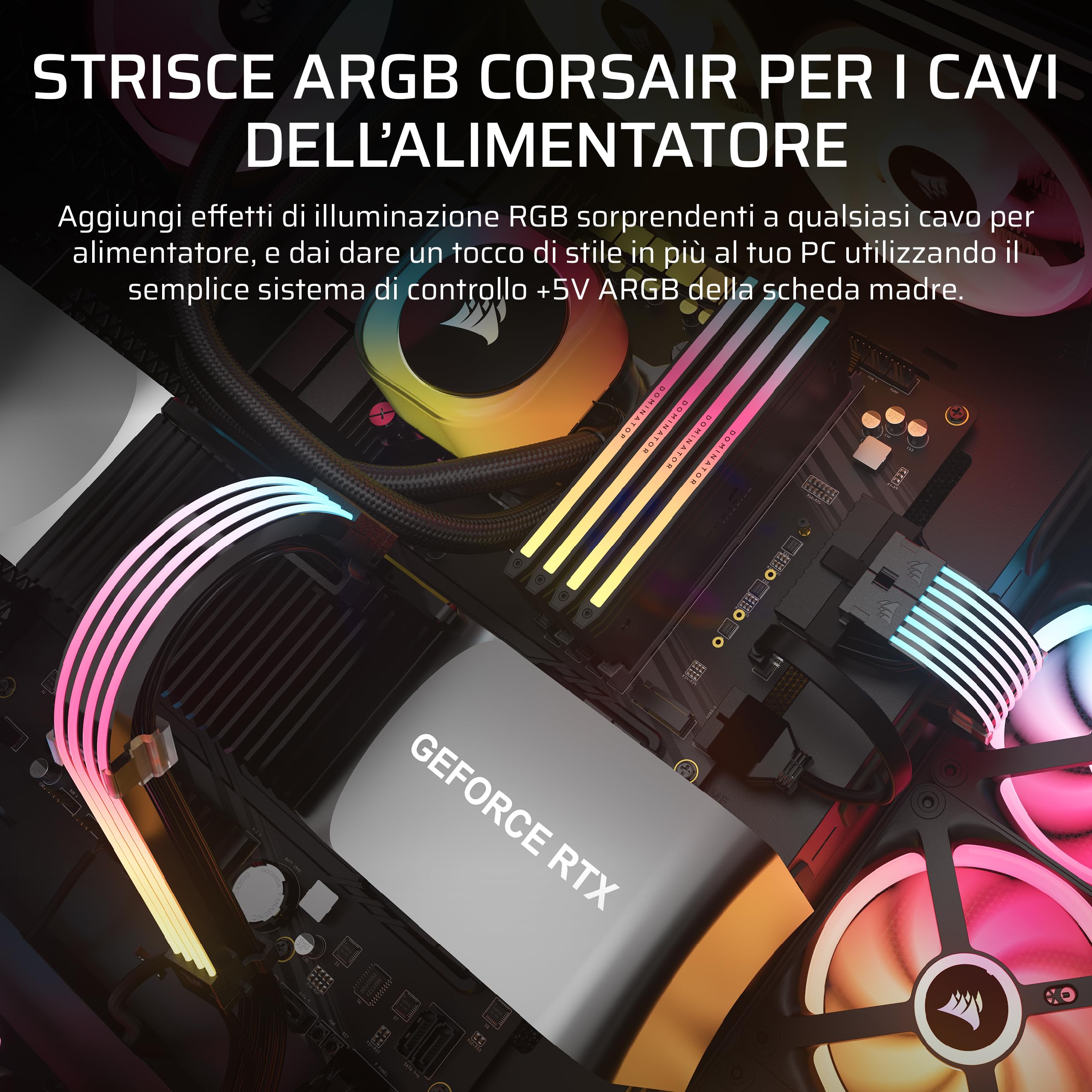 CORSAIR iCUE ARGB PSU Strisce di Cavo – 2x 200mm Strisce LED – 100 LED RGB per Striscia – Adatto a Qualsiasi Cavo Dell'Alimentatore – Controllo ARGB a 5 V Della Scheda Madre – Nero