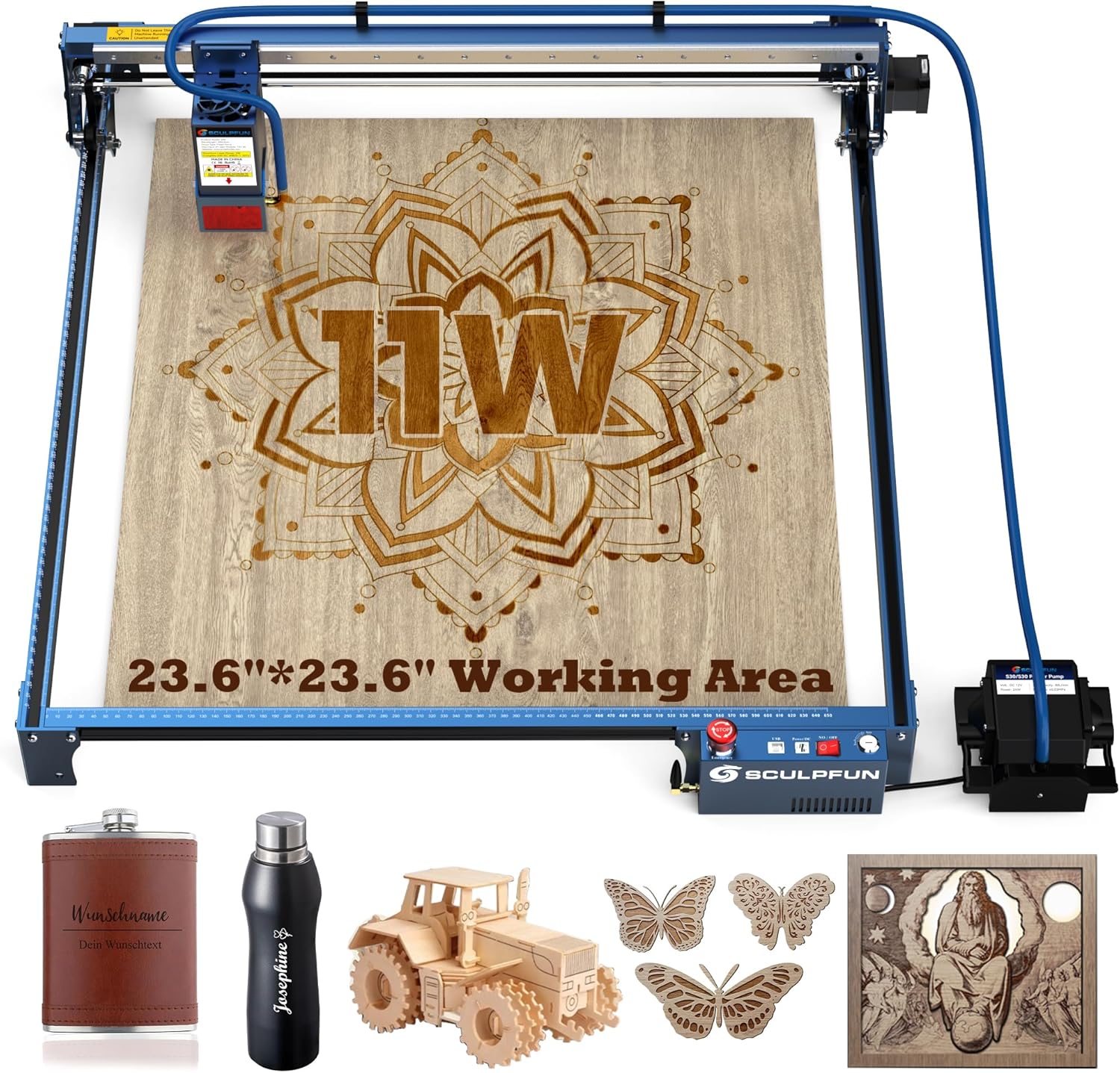 SCULPFUN S30 Ultra - Grabador láser grande de 11 W con asistencia de aire inteligente y kit de extensión de 23.622 x 23.622 in, área de trabajo,