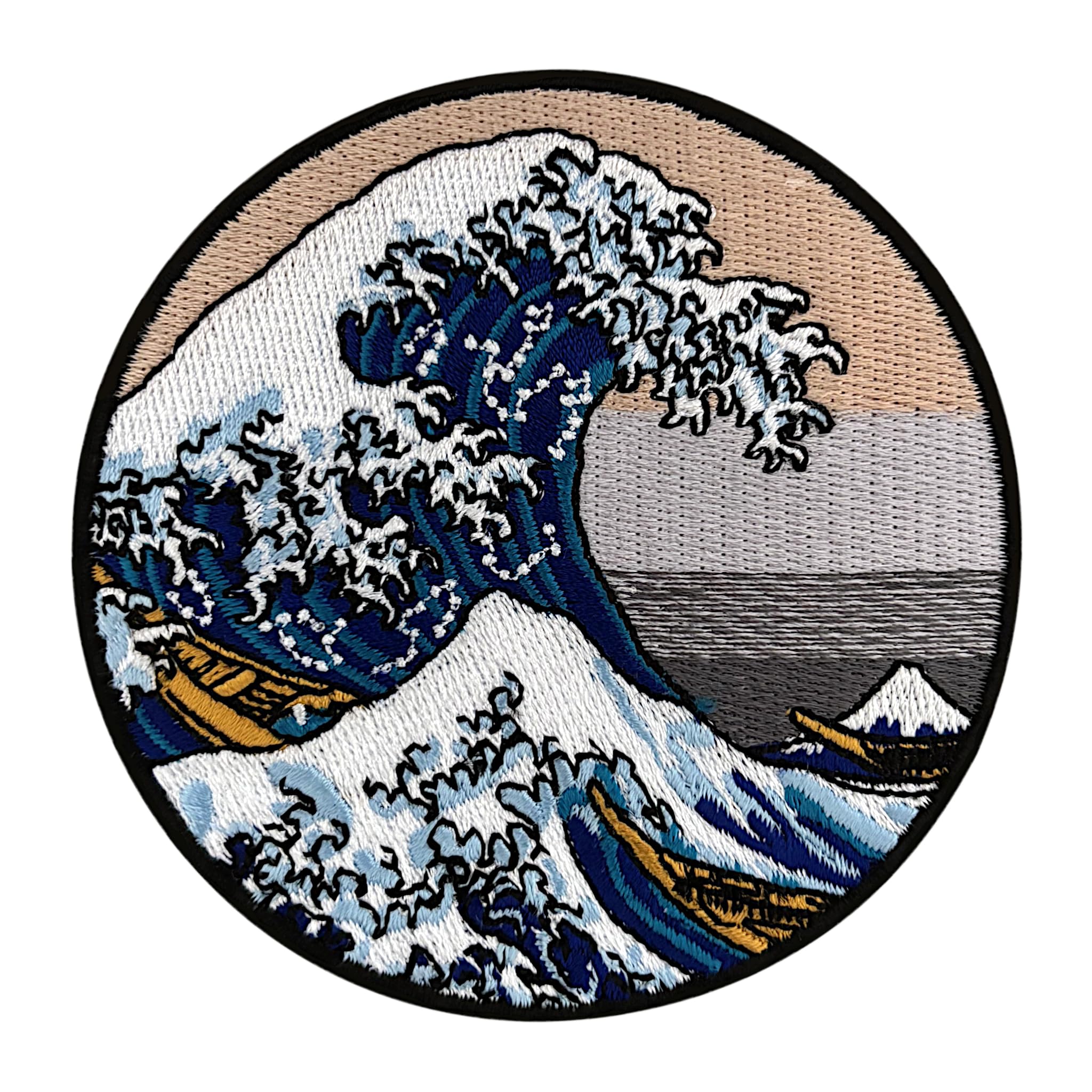 Urbanski Patch The Great Wave Off Kanagawa (Round) Embroidered Iron-On Patch 8,5 x 8,5 cm | Sew or Iron On Applique Badge