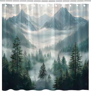 Green Forest Mountain Shower Curtain Misty Nature Rustic Woodland Pine Trees Scenery Foggy Woodsy Cool Outdoor Alpine Jungle Landscape Mens Polyester Fabric Bathroom Curtain with Hooks 70X70 Inch