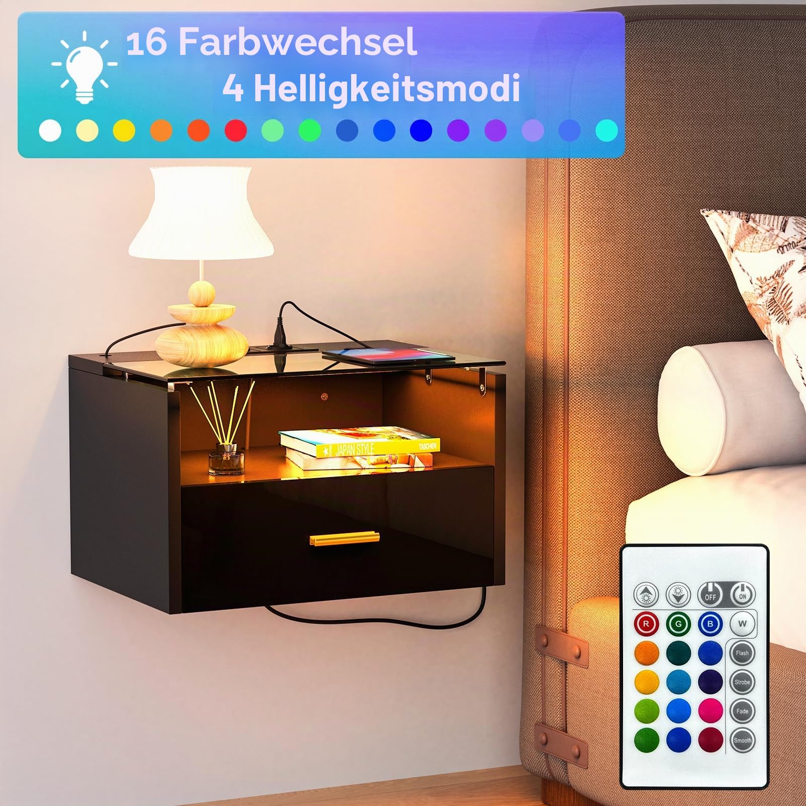 2er Set Nachttisch Hängend mit Steckdose, Nachtschrank Wandmontage, Nachtkästchen Schwebend mit Led, Wandregal mit Schublade für Wohnzimmer, Schlafzimmer (Schwarz, 42x30x24.5cm)