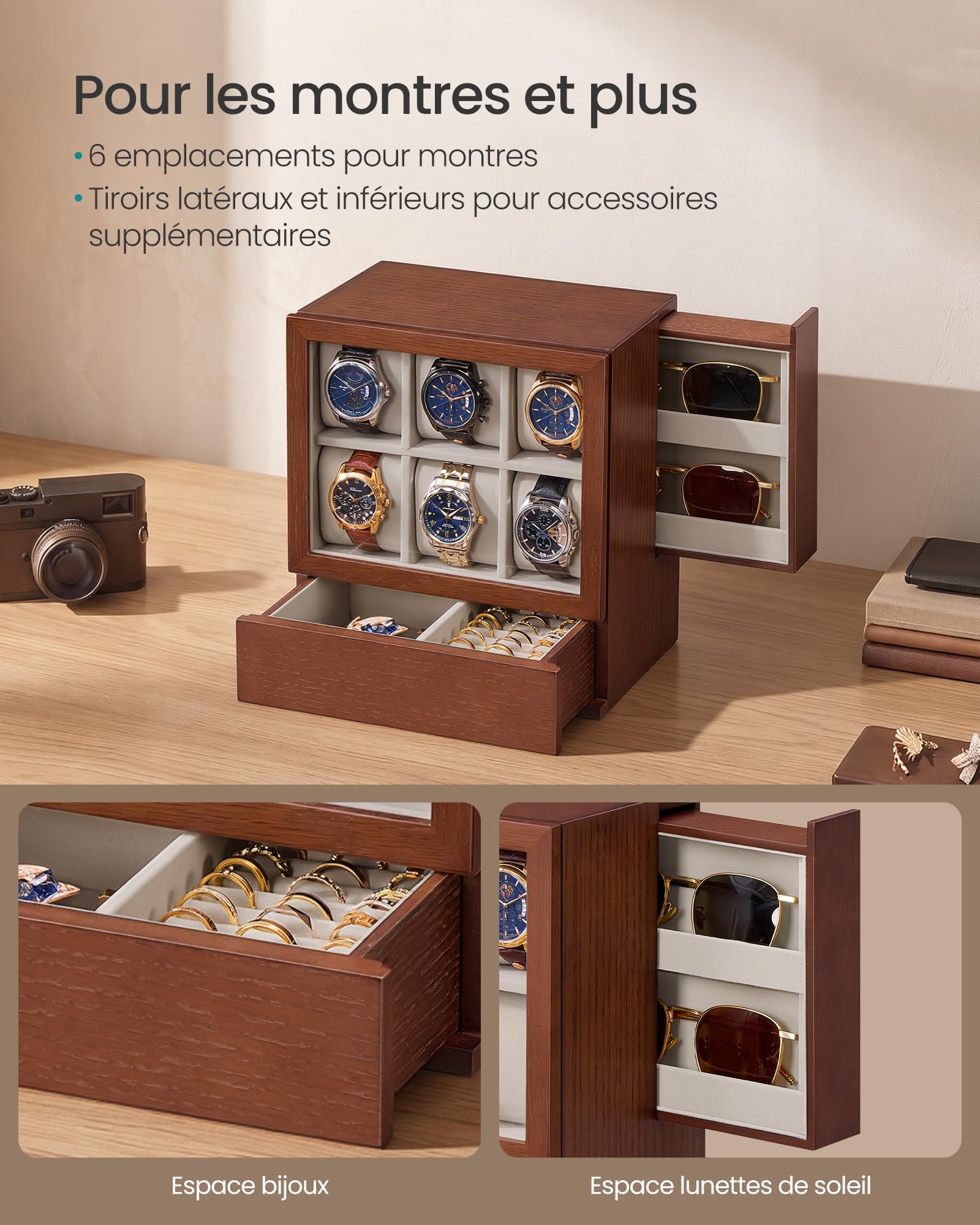 SONGMICS Boîte à Montre en Bois, Vertical, pour 6 Montres, avec Tiroirs
