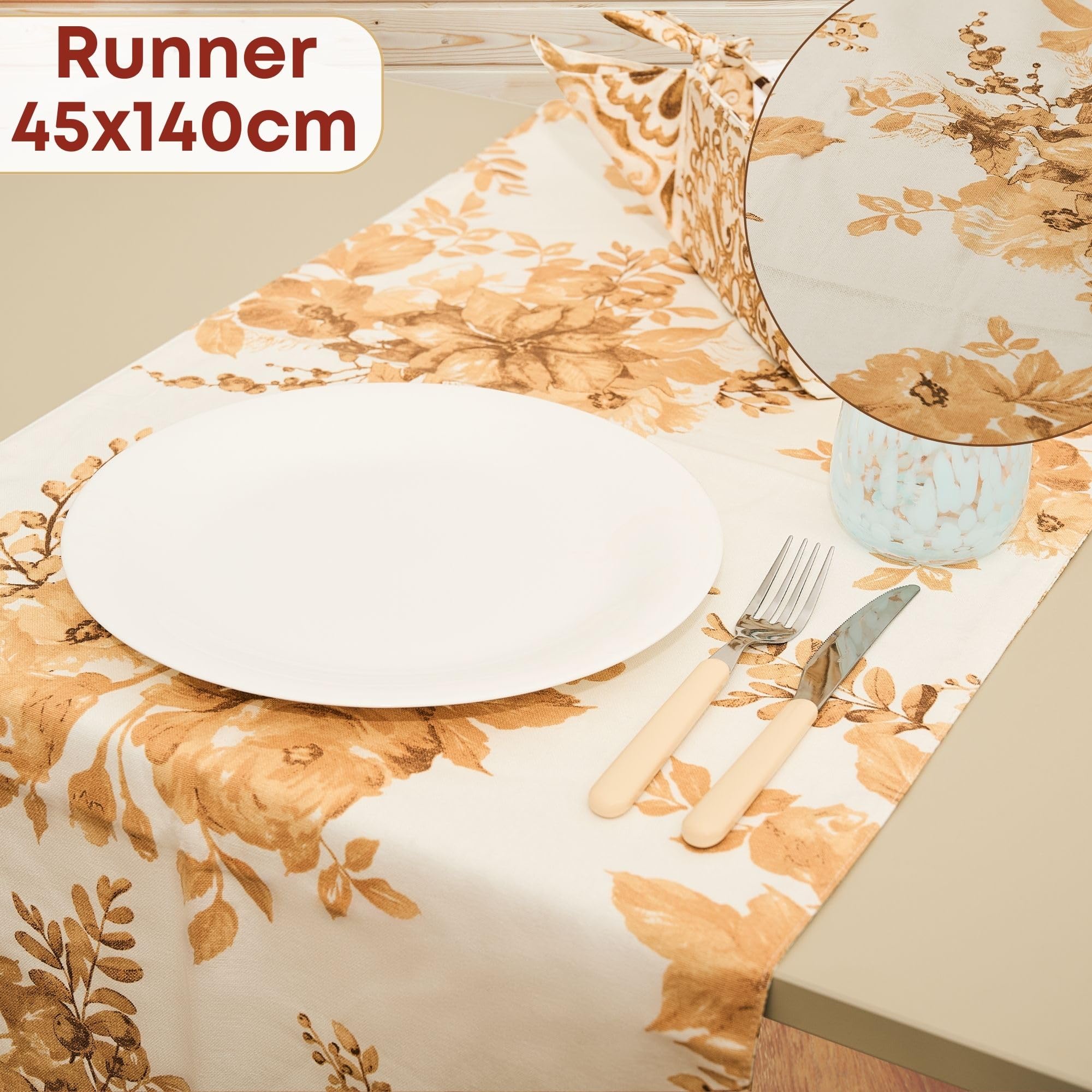 NAMAI - Set 7 Pezzi Excalibur Fiori, 100% Cotone, Lavabili in Lavatrice, Resistenti al Calore, Tovaglia Cotone 140x180, Runner Tavolo, Set Presine da Cucina e Strofinacci (Set Con Tovaglia 140x240)