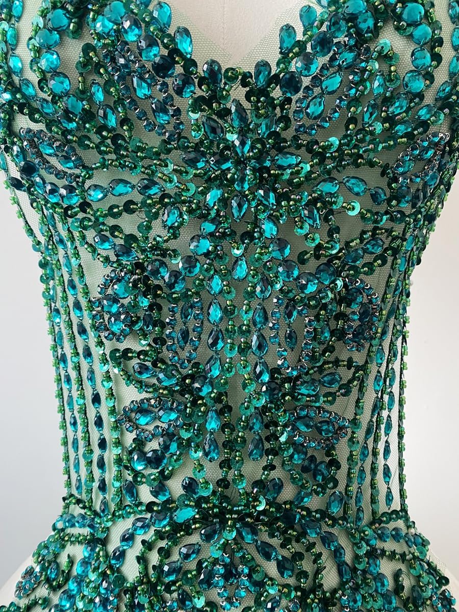 Large Size handsewing Rhinestones Bodice Applique sew on Crystal Beads Sequins Trim Patches Wedding Dress Decoration Accessories 13X16X22in (Deepgreen)
