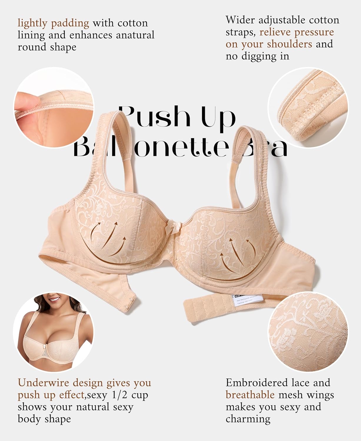 DotVol Women's Plus Size Wide Straps Lace Demi Underwire Lightly Padded Balconette Bra - Image 6