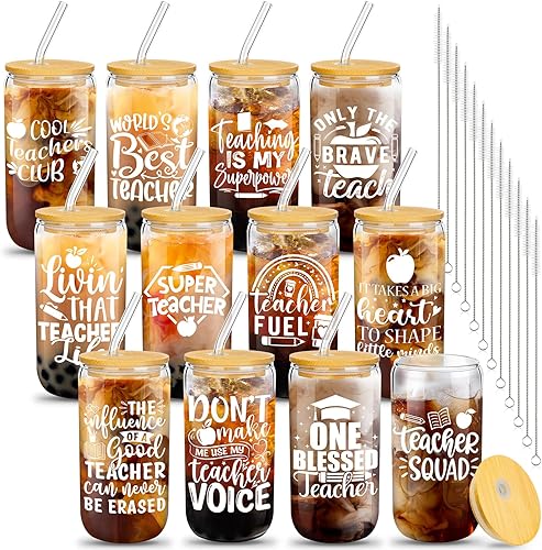 Miniatura 8 de Pinkunn Juego de 12 vasos de vidrio con forma de lata de 16 onzas con tapa, popotes y pinceles, regalos de agradecimiento para profesores,