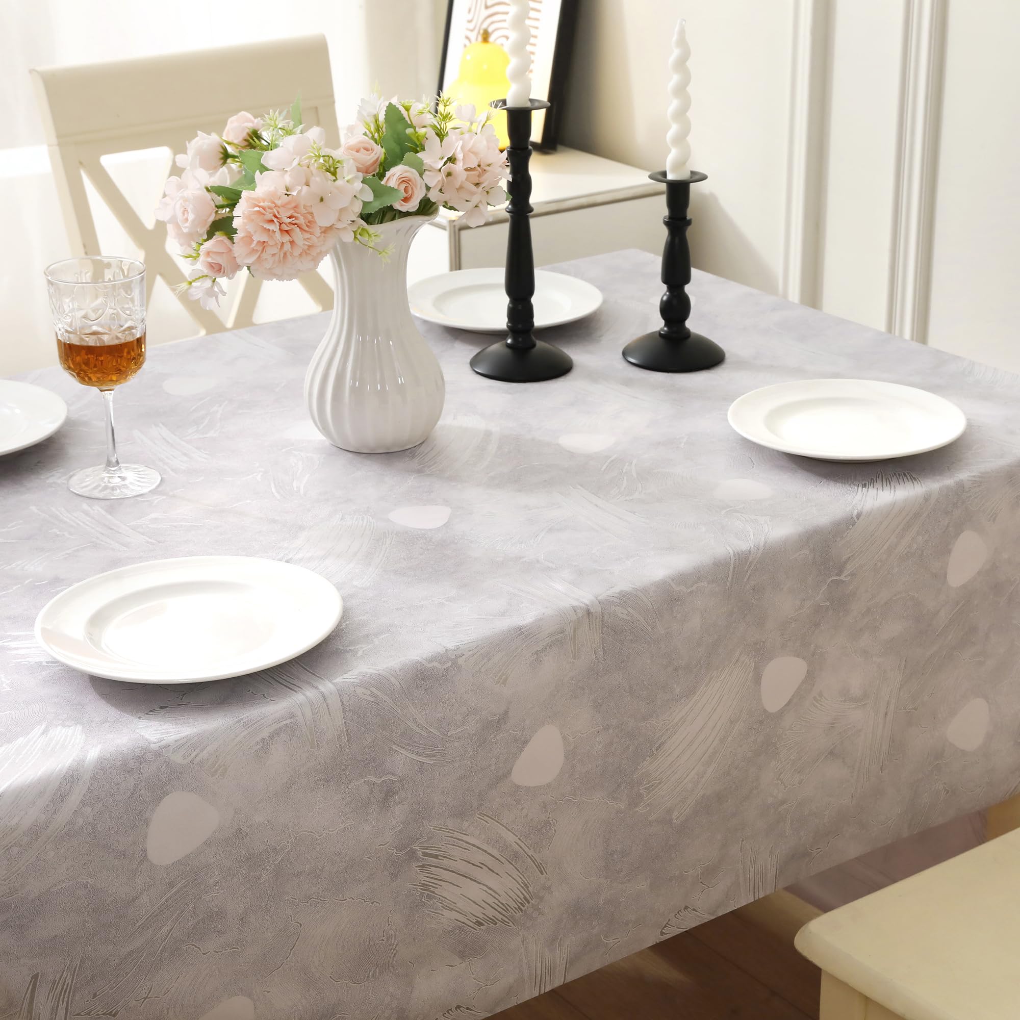 Rayapot Tovaglia Plastificata Rettangolare 140×220cm,Tovaglie in Plastica PVC Lavabile Impermeabile e Antimacchia,Facile da Pulire,Copritavolo per Cucina e sala da Pranzo-Piume Grigie