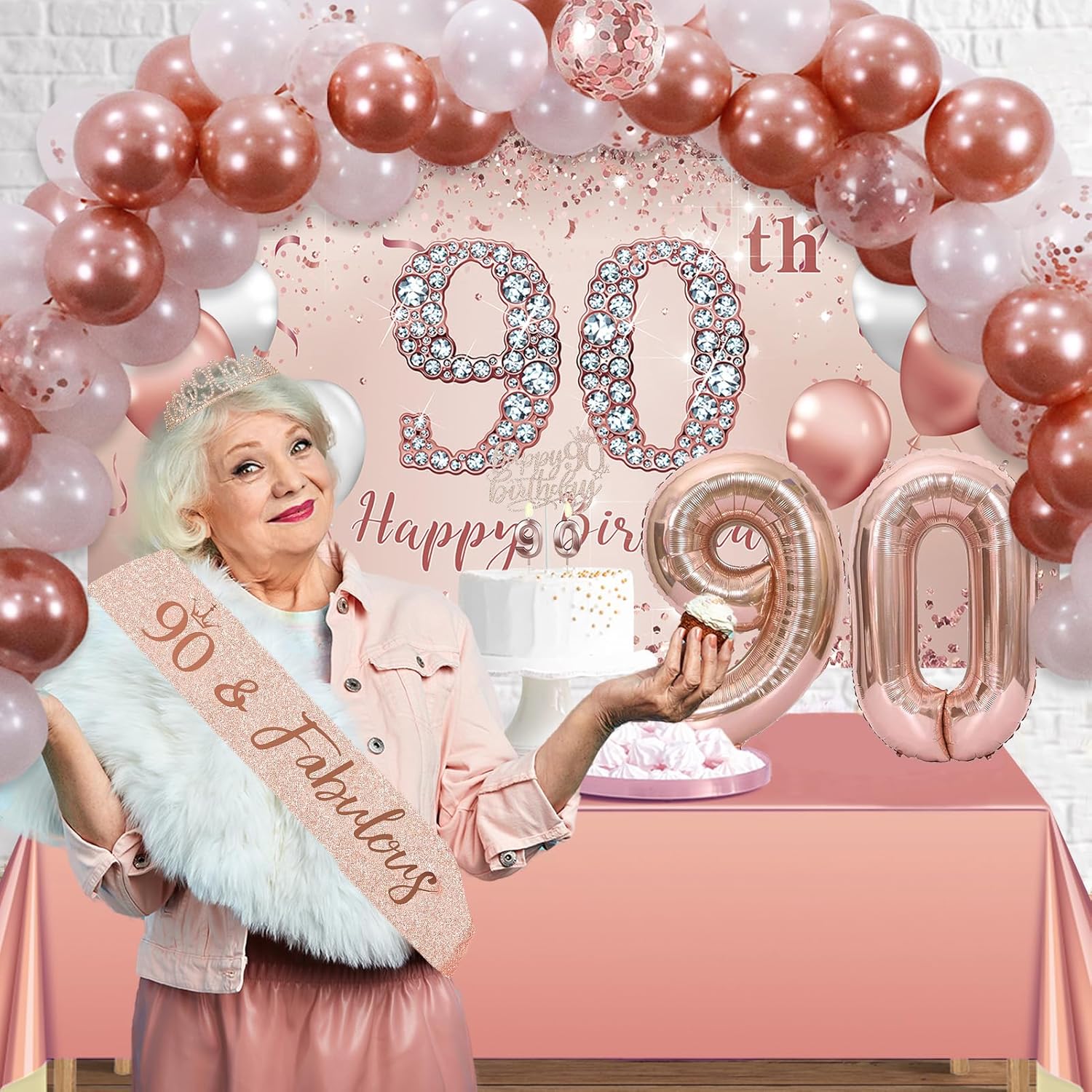Trgowaul 90th Birthday Decorations Balloon Set Women's Arch, Rose Gold 90th Birthday Banner and Party Tablecloth, Belt and Tiara, Pink Gold 90th Balloon, Pink Birthday Cake Top, Latex Balloon * 60 - Image 6