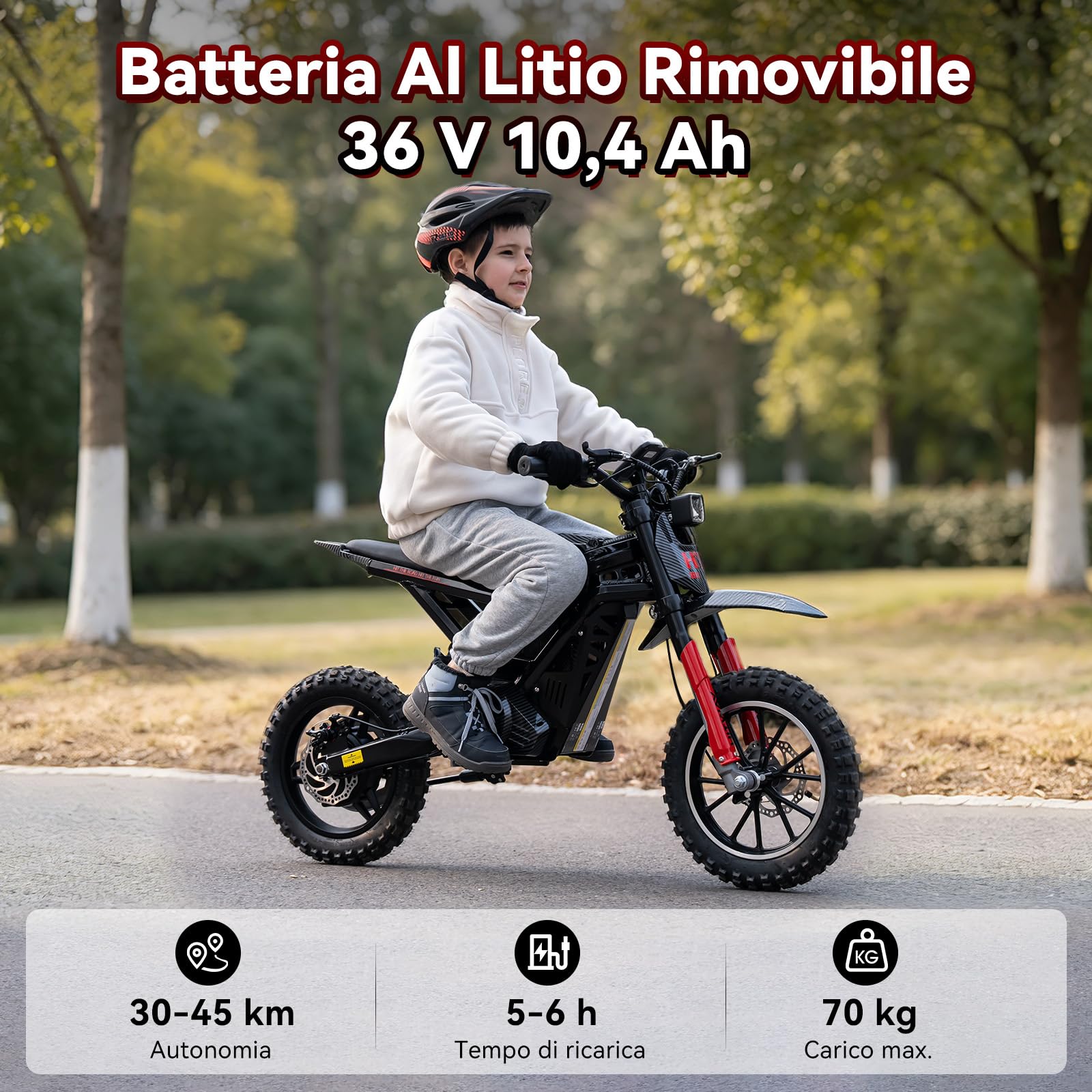 HITWAY Moto elettrica per bambini, 36 V 10,4 Ah, altoparlante Bluetooth, 10/15/25 km/h, fino a 45 km di autonomia, pneumatici gonfiabili da 10 pollici, doppia sospensione, per bambini dai 6 anni in su