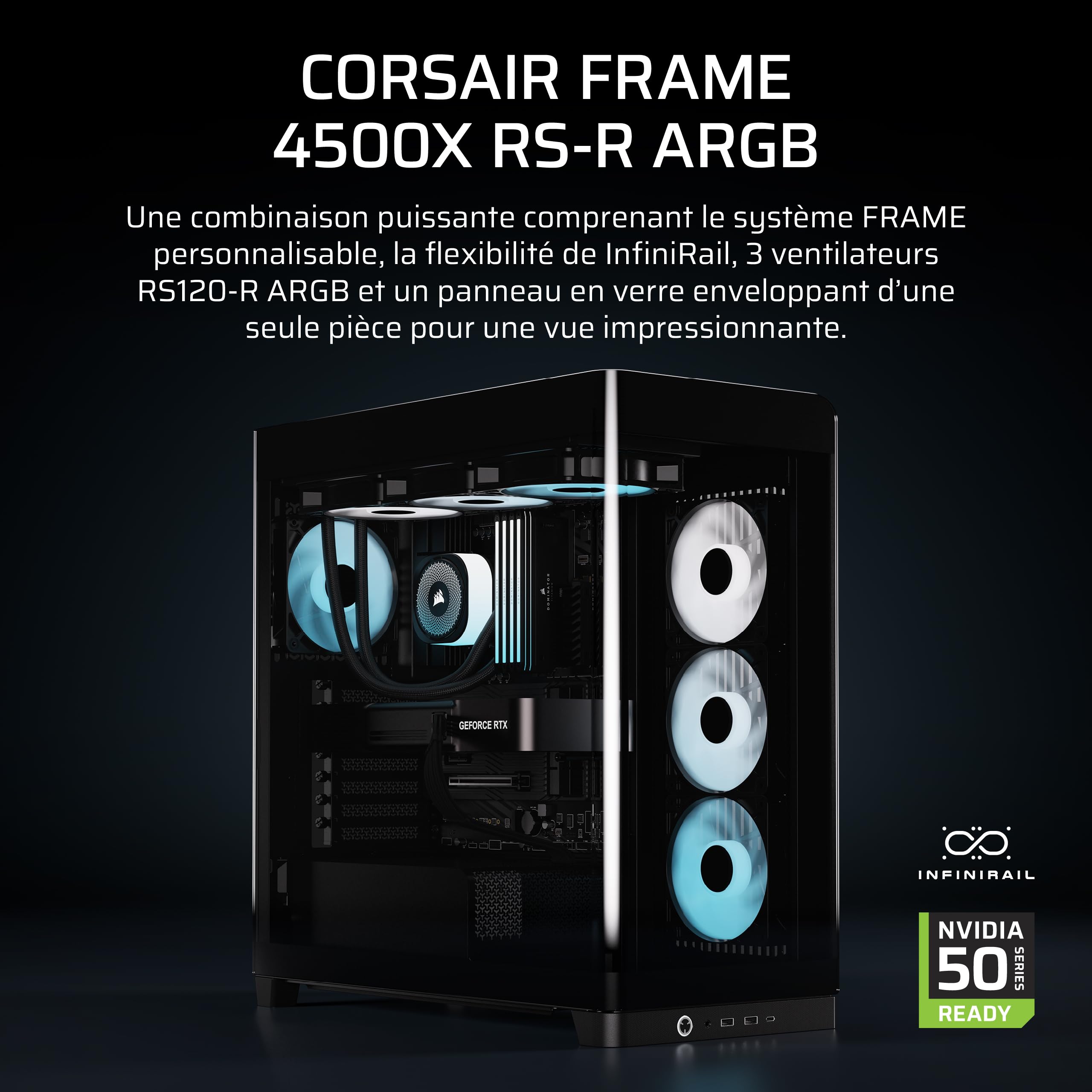 CORSAIR Frame 4500X RS-R ARGB Boîtier PC Moyen-Tour en Verre Panoramique – Système de Fixation du Ventilateur InfiniRail, Peut Accueillir Deux Radiateurs de 360 mm, 3X Ventilateurs RS120-R – Noir