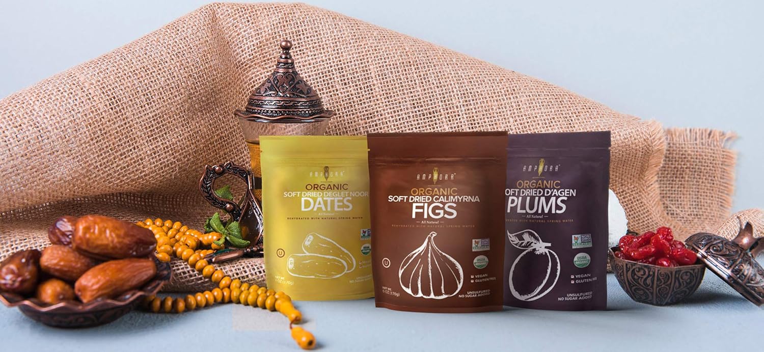 Amphora All Natural Organic Soft Dried Plums gluten free vegan health snack dried fruit, 6 Oz Each ( Pack of 6)
