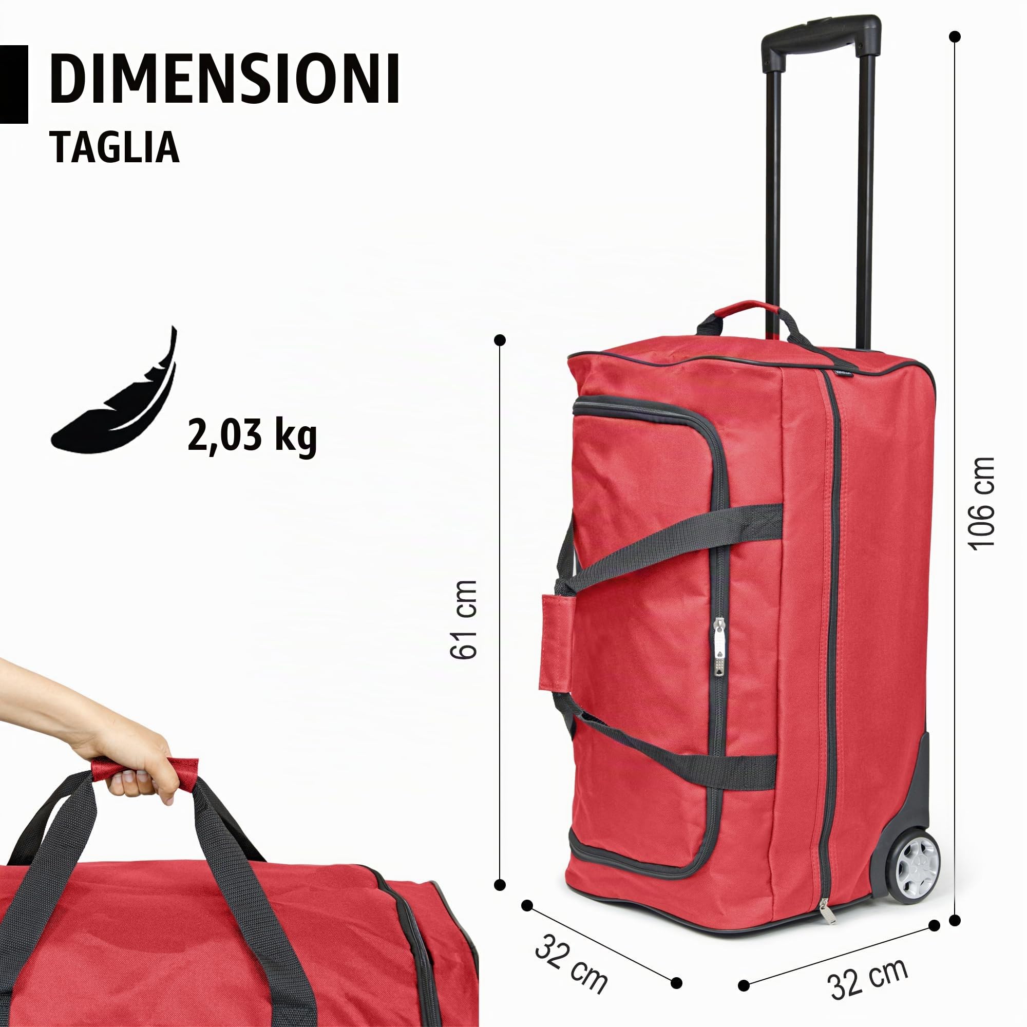KINSTON Borsa da Viaggio Trolley - Borsa con Ruote e Manico Telescopico, Scomparto Principale Capiente e Tasca Laterale con Cerniera - Bagaglio a Mano Ideale per Viaggi e Weekend - ROSSO L