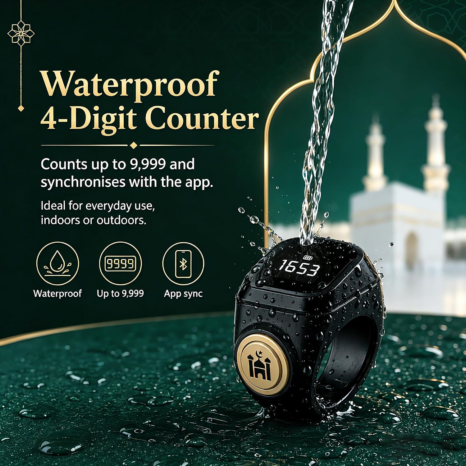 Smart Tasbih Zikr Ring,20mm (10) Muslim Digital Azan Alarm Clock,APP Support Digital Counter Prayer Reminder Rings, Waterproof 4 Digit Finger Counter zikr Ring for Muslims