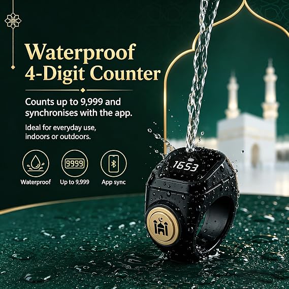 18 mm Smart Tasbih Counter Ring, Digital Finger Counter with Adhan Alarm, App Connectivity, Vibration Reminder and Waterproof 4-Digit Display for Muslim Prayer
