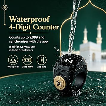 18 mm Smart Tasbih Counter Ring, Digital Finger Counter with Adhan Alarm, App Connectivity, Vibration Reminder and Waterproof 4-Digit Display for Muslim Prayer