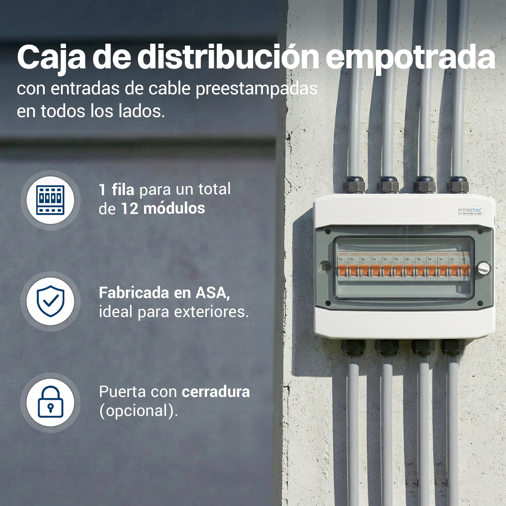 Intratec Caja de Distribución Superficie 1 Fila IP65 – Cuadro Eléctrico para 12 Módulos DIN – Caja de Subdistribución Estanca para Exterior Garaje – 400VAC 1500VDC, 318 x 259 x 144 mm - 5 Pack