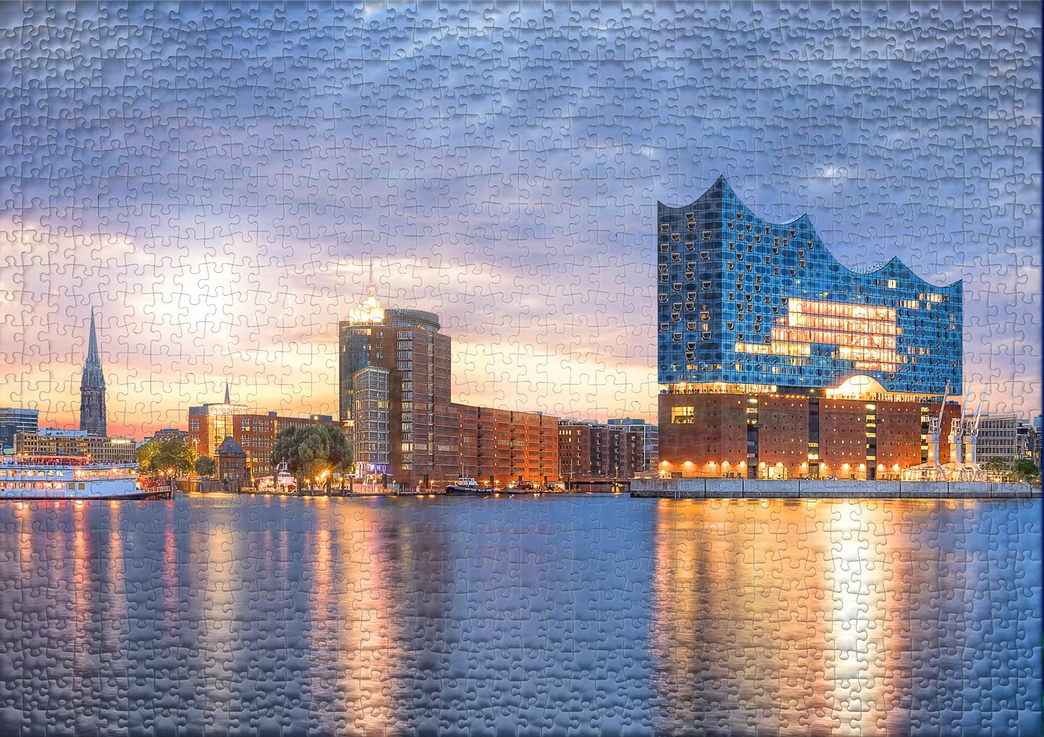 Ulmer Puzzleschmiede - Puzzle „Elphi“ - 2000 Teile Puzzle - die Elbphilharmonie in Hamburg – Konzerthalle und Wahrzeichen an der Elbe im Hafen der Hansestadt Hamburg, Norddeutschland