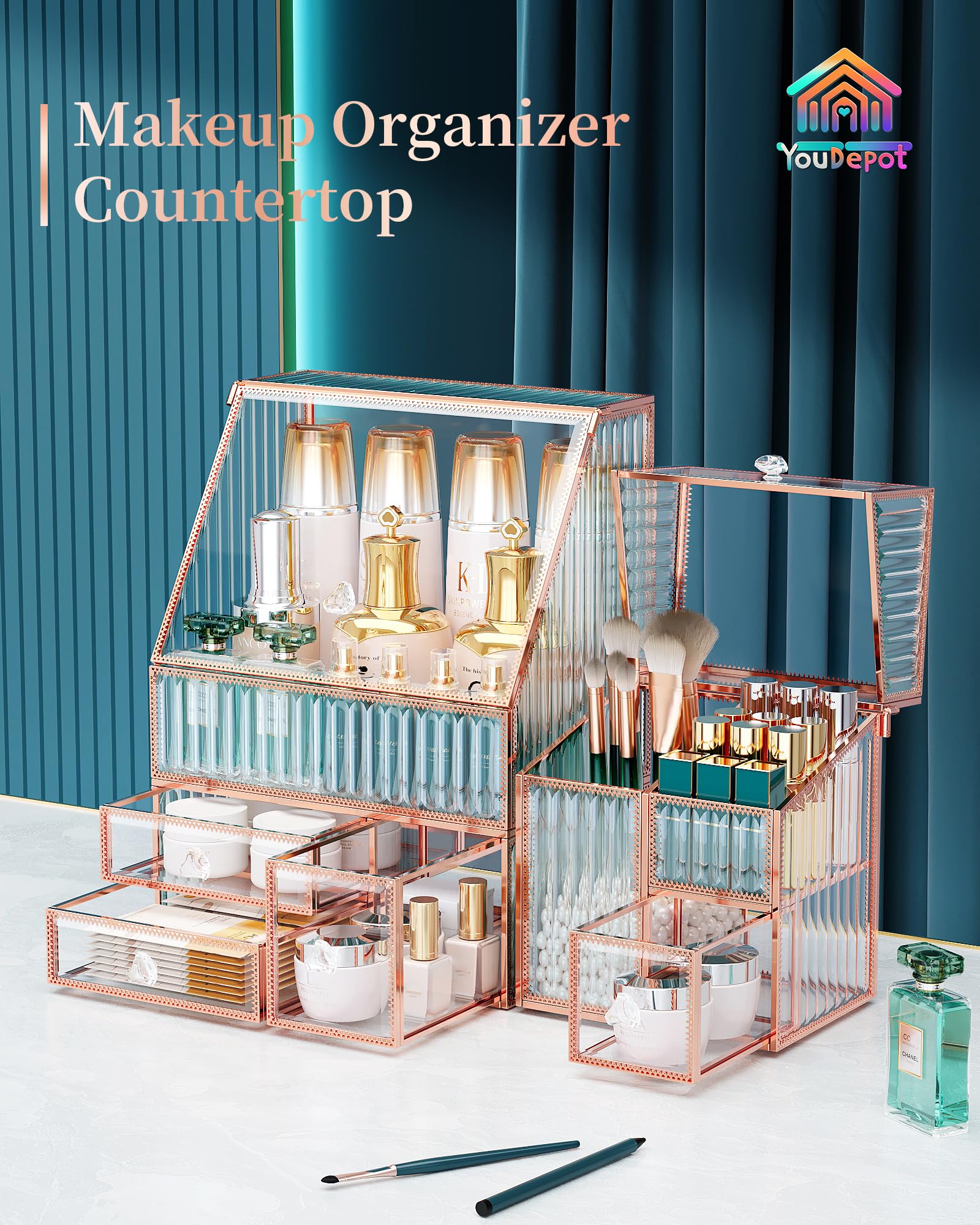Youdepot Make up Organizer 3-teilig, Kosmetik Organizer aus gehärtetem Glas mit Schubladen, Schminktisch Organizer für Skincare, Pinsel, Lippenstift, Parfüm und Bad | Multifunktional, für Hautpflege, Lippenstiftpinsel, Kosmetik-Organizer, Badezimmer-Organ