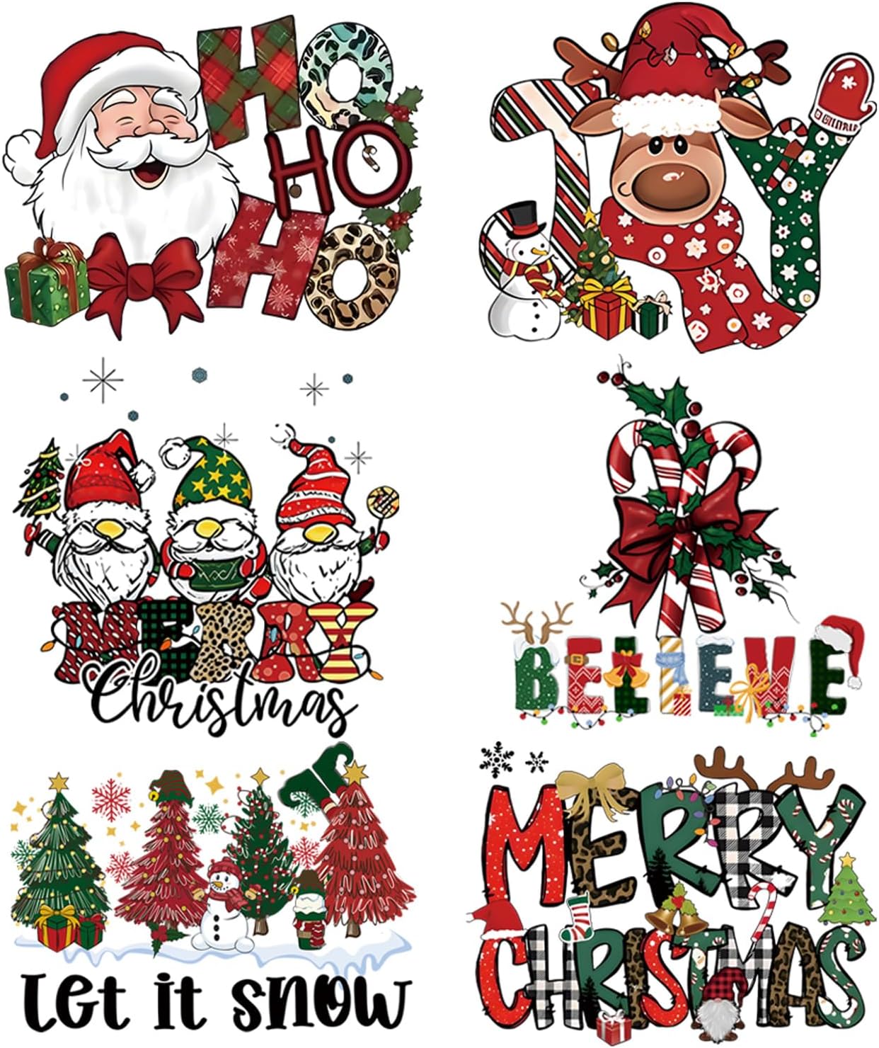 6 Pcs Christmas Iron On Transfers for Tshirts,Santa Candy Cane Reindeer Christmas Dtf Transfers Ready to Press for T-Shirts Clothes Pillow Hoodie DIY Crafts