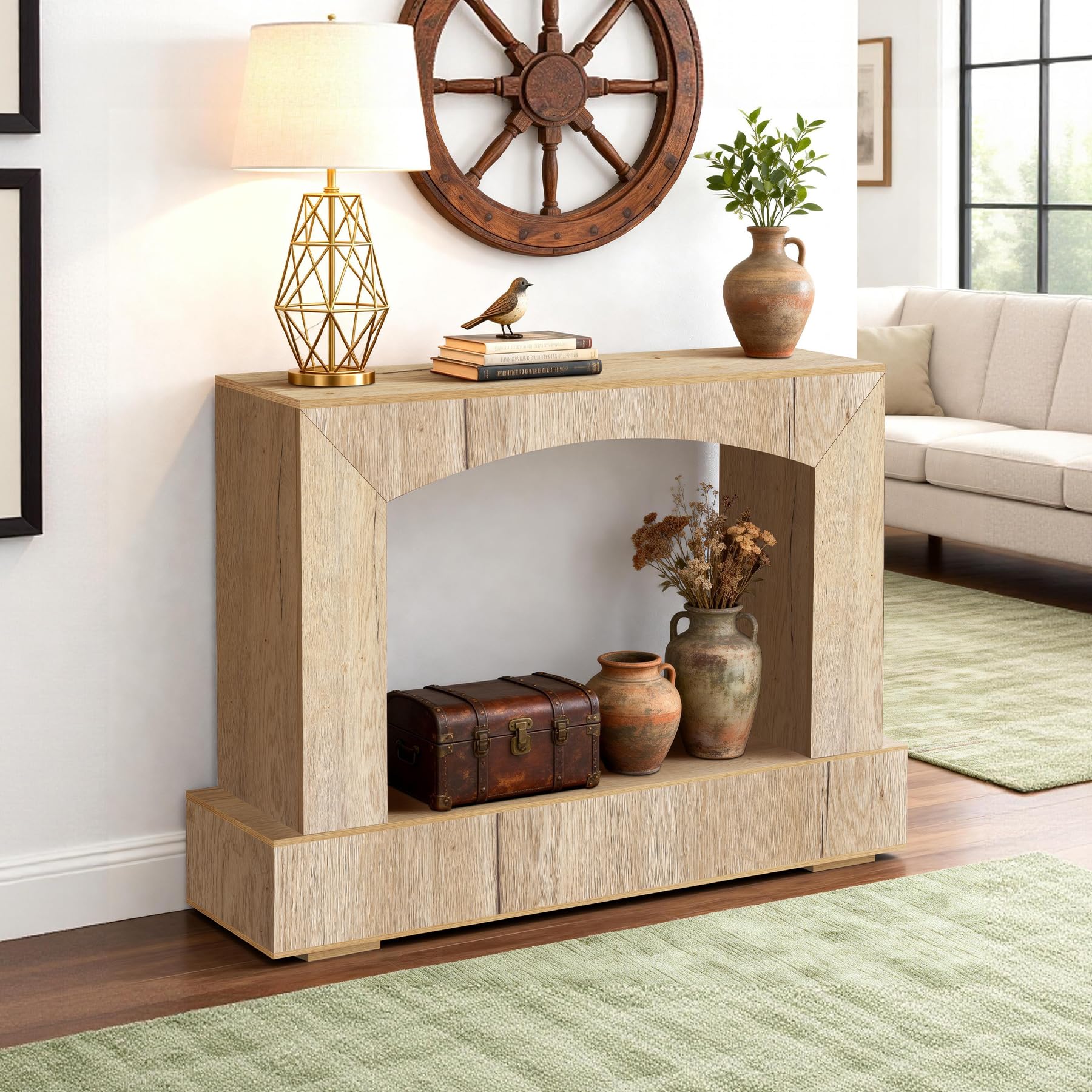 Sonharlar 46 Inch Entryway Table U-Shaped, Wooden Console Table with Socket Farmhouse Sofa Table for Entrance, Hallway, Living Room,Behind Couch((Natural Brown)