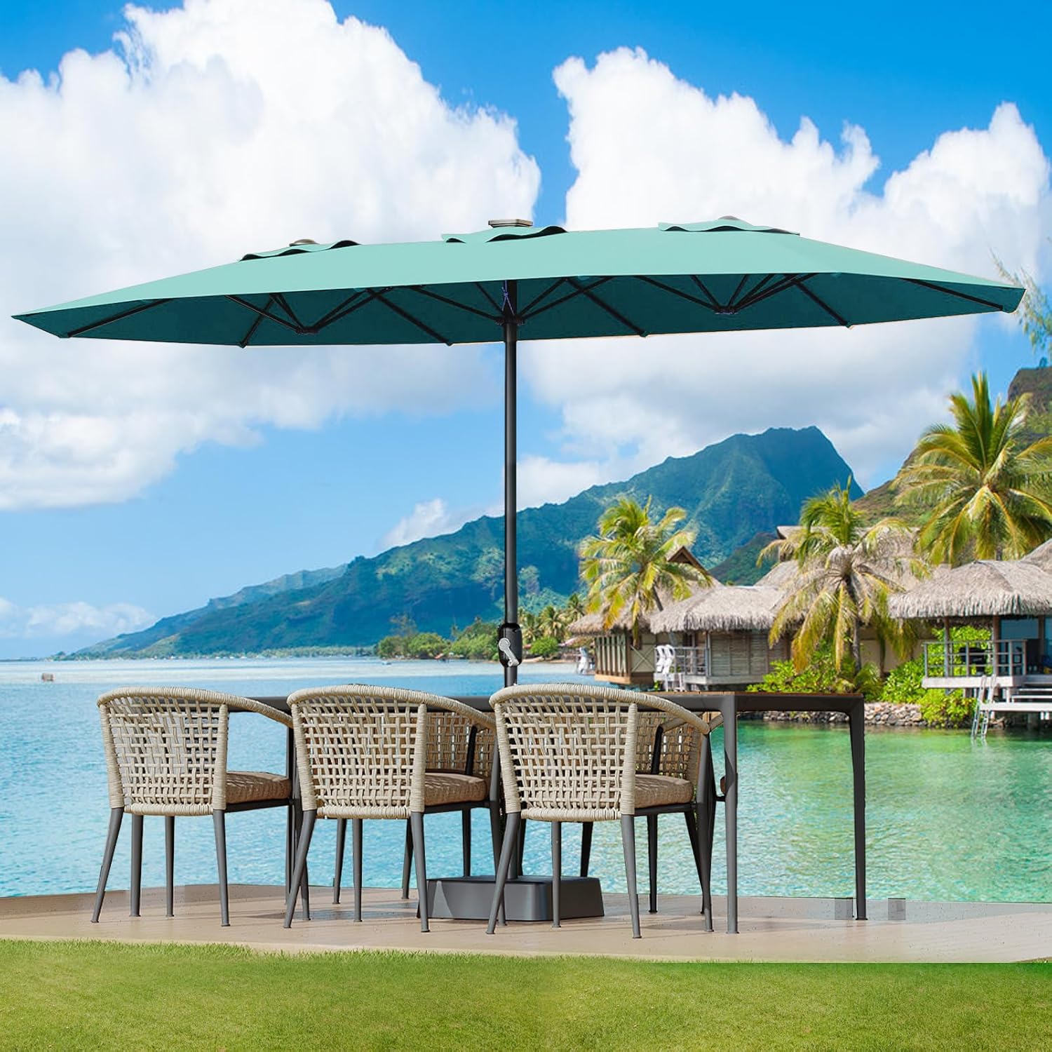 Large Patio Umbrella with Base Included, Double-Sided Rectangle Market Umbrella with Cross Base and Sandbag for Pool Lawn Garden (Misty Blue, 15 ft)