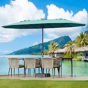 Large Patio Umbrella with Base Included, Double-Sided Rectangle Market Umbrella with Cross Base and Sandbag for Pool Lawn Garden (Misty Blue, 15FT)