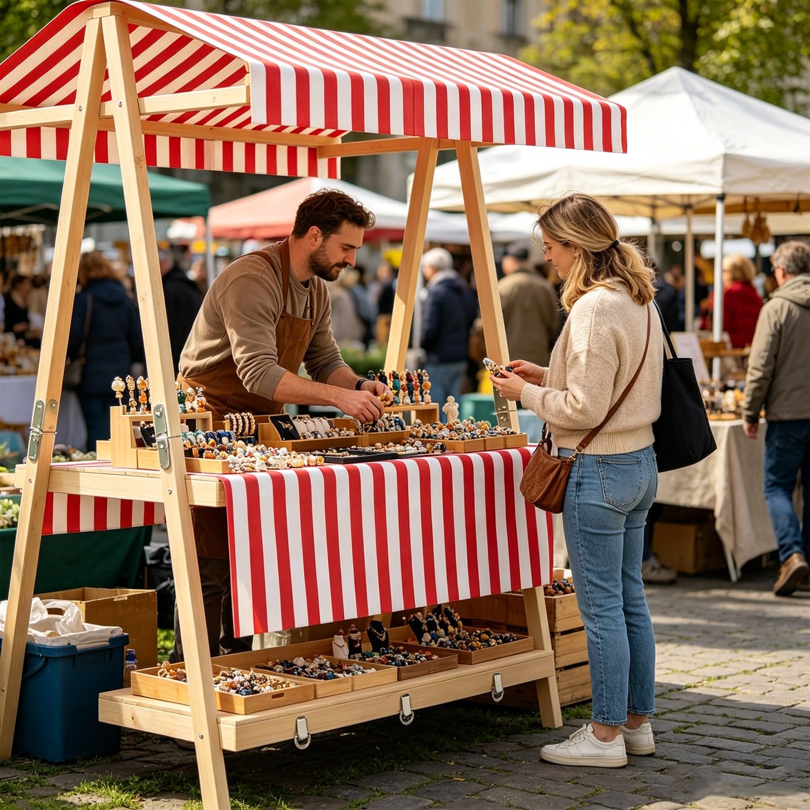 Przenośny Wózek Handlowy, Drewniane Stoisko Targowe, Składany w Stylu Teczki, z Daszkiem i Uchwytem, ​​na Imprezy Market Street Food(Yellow,110cm/43in)
