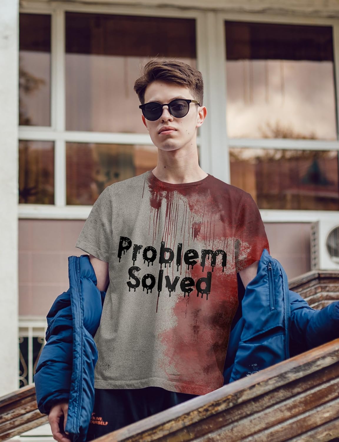 Problem Solved Bloody Shirt for Men – Funny Halloween Costume T-Shirt with Blood Splatter Print - Image 3