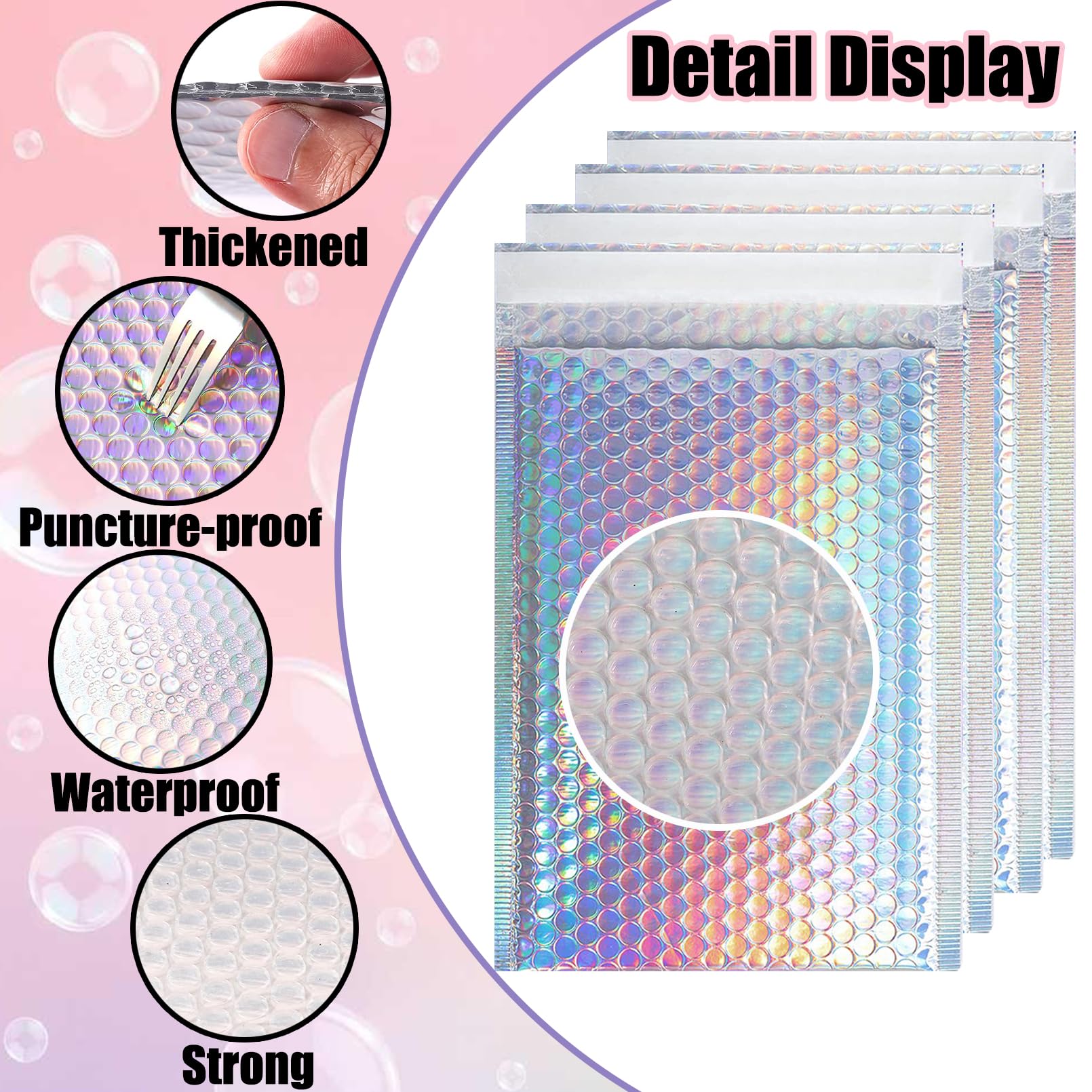 50 Stück metallische Luftpolsterumschläge, Poly-gepolsterte Umschläge, holografische Luftpolster-Versandtaschen, wasserdichte Versandtaschen, selbstklebende Folie, Glitzer,