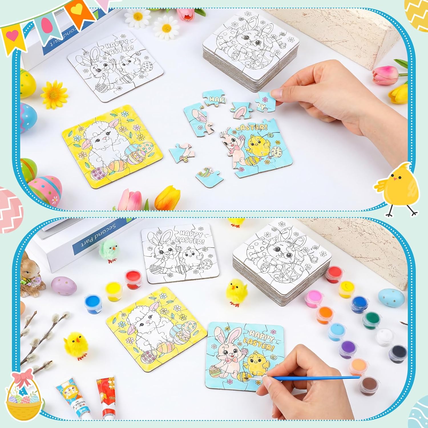 Realspring 24 Set Easter Eggs Jigsaw Puzzle for Kids Egg Hunt Game 24 Mini Bunny Puzzles DIY Coloring Paper Jigsaw Easter Eggs Basket Stuffers Fillers for Party Favors Classroom Exchange Reward School