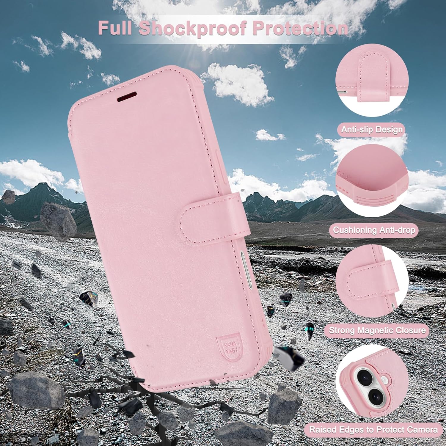 VANAVAGY Compatible for iPhone 17 Wallet Case for Magsafe Wireless Charging, PU Leather Flip Folio Shockproof Phone Cover with Wrist Strap RFID Blocking Card Holder [Screen Protector],Chalk Pink