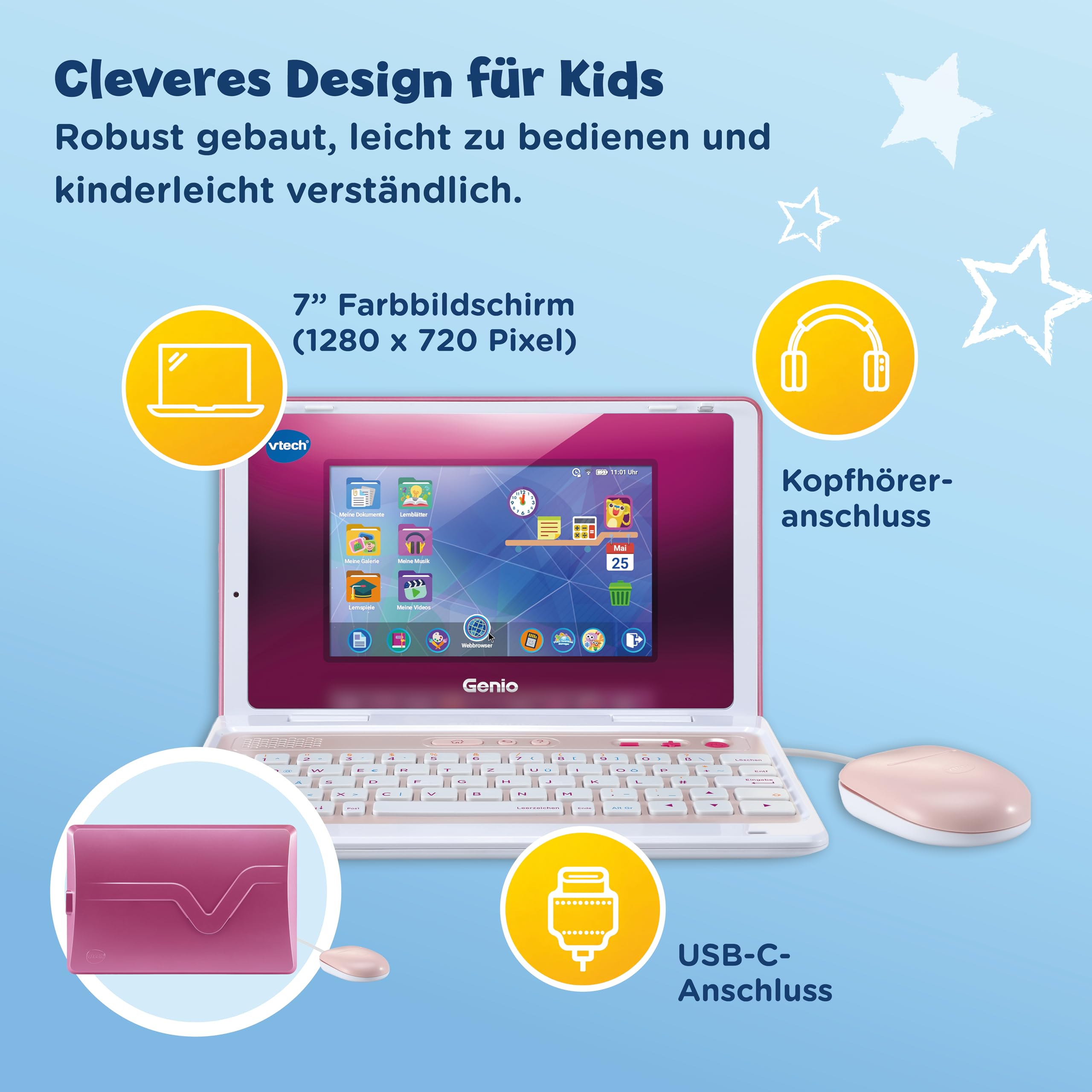 VTech Genio laptop edukacyjny XL różowy – komputer edukacyjny z dużym ekranem LCD o przekątnej 7" z dostępem do Internetu, programem tekstowym i wieloma treściami edukacyjnymi – dla dzieci w wieku