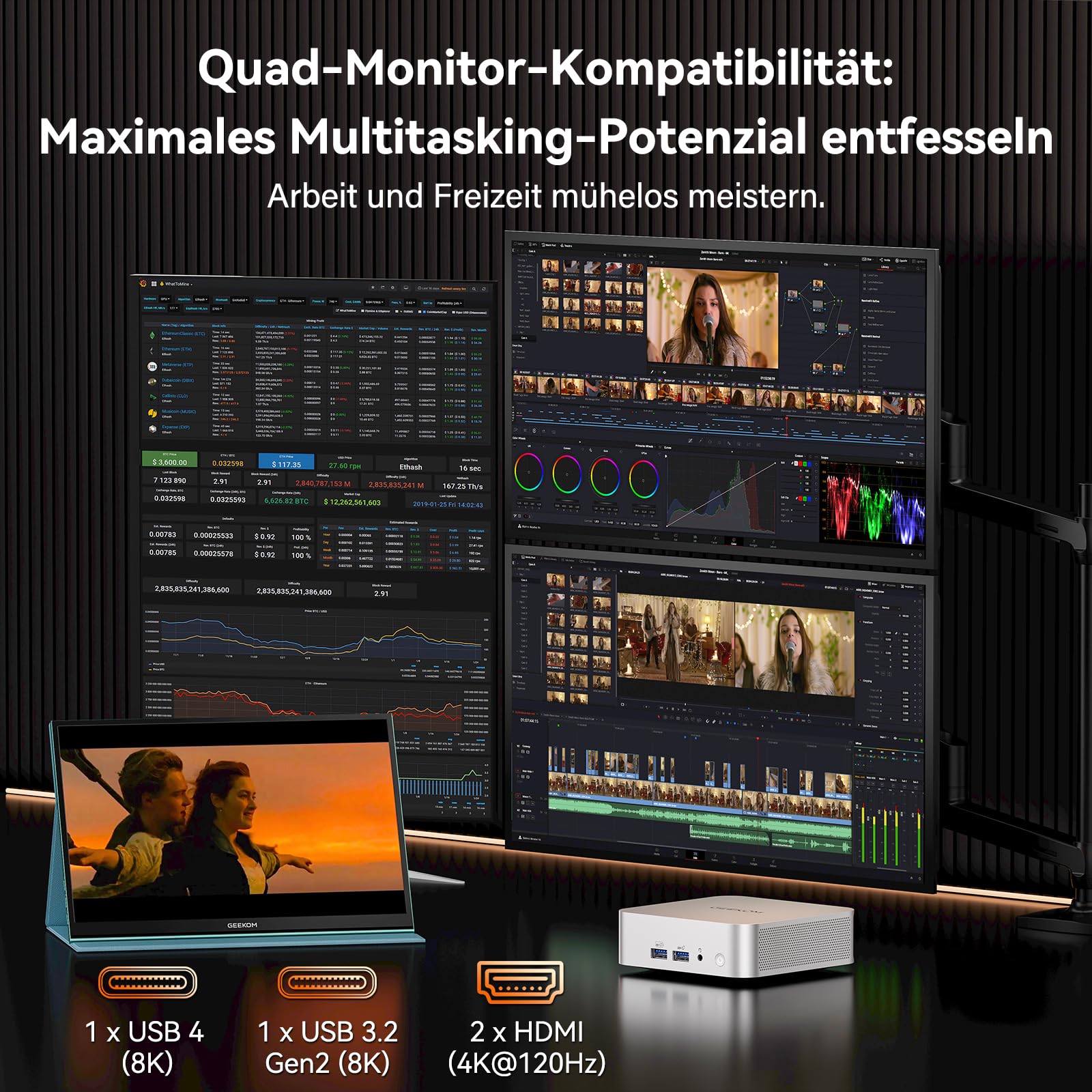GEEKOM Mini PC A7 Windows 11 Pro Vorinstalliert mit Ryzen 5 7535HS, 1T SSD 16GB DDR5(Erweiterbar, nicht LPDDR)Mini Desktop Computer | 8K-Quad-Display | 2,5G LAN | SD-Karte für Kreativität/Office/Home